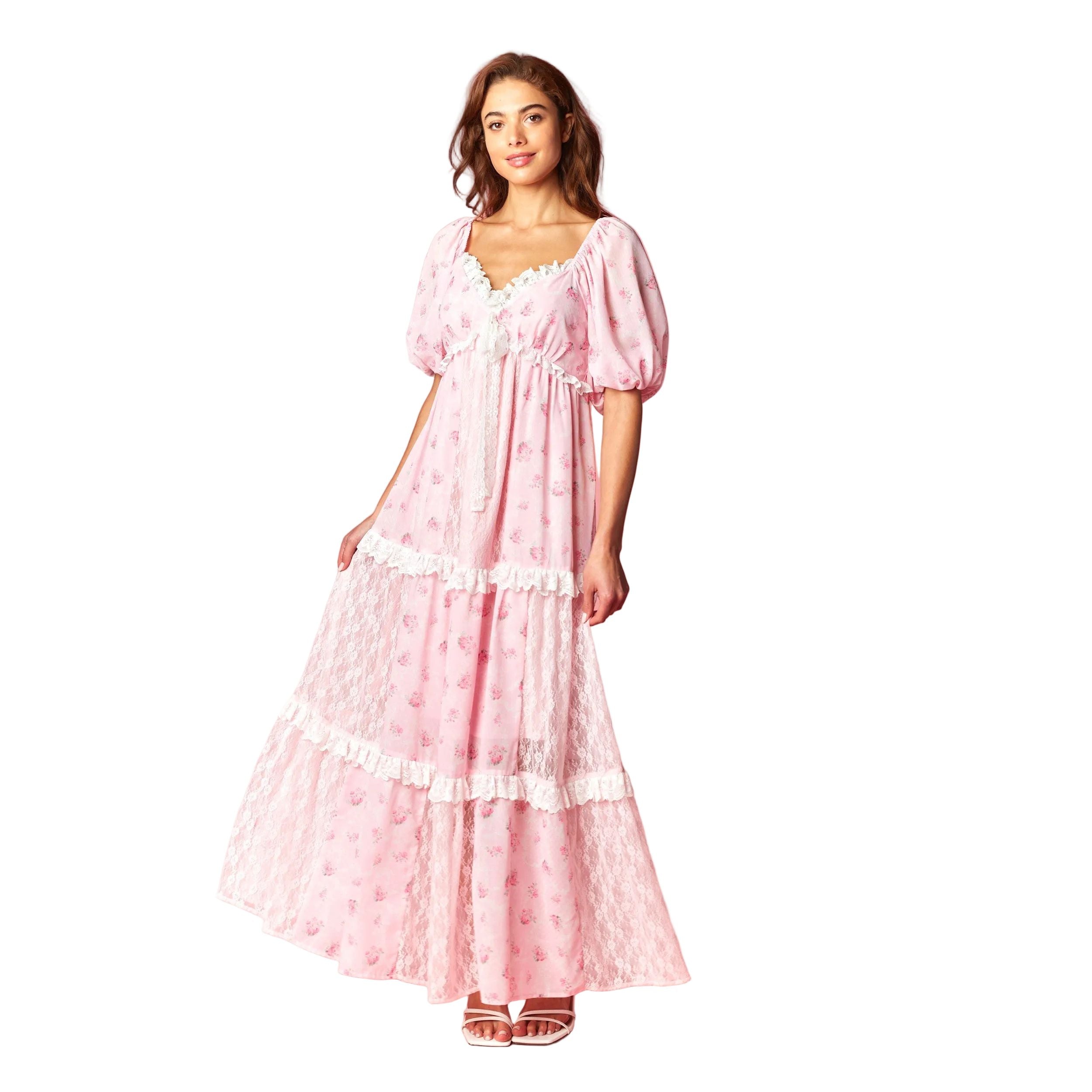 Women's Pink Vintage Rose Lace Panel Maxi Dress R30800D-01