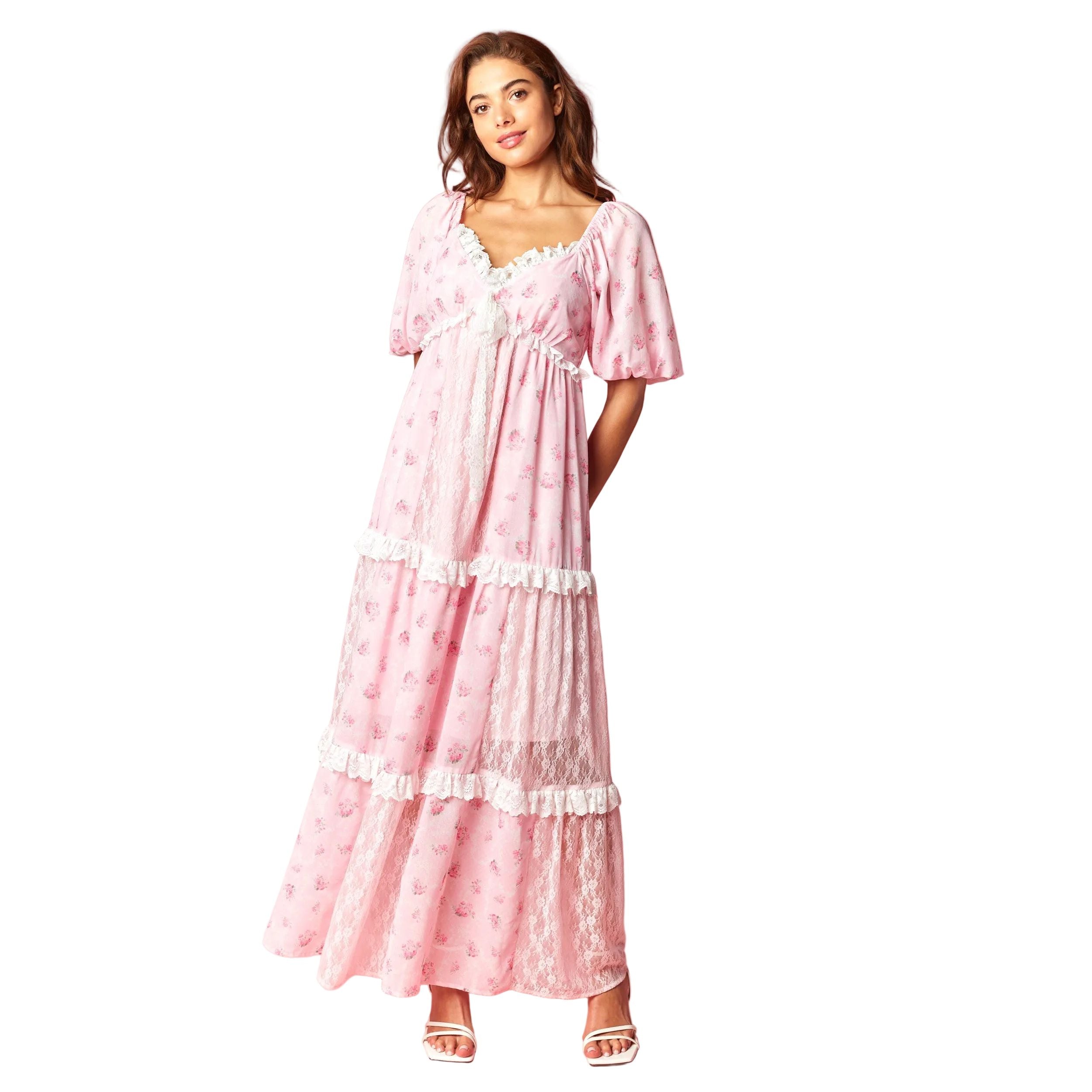 Women's Pink Vintage Rose Lace Panel Maxi Dress R30800D-01