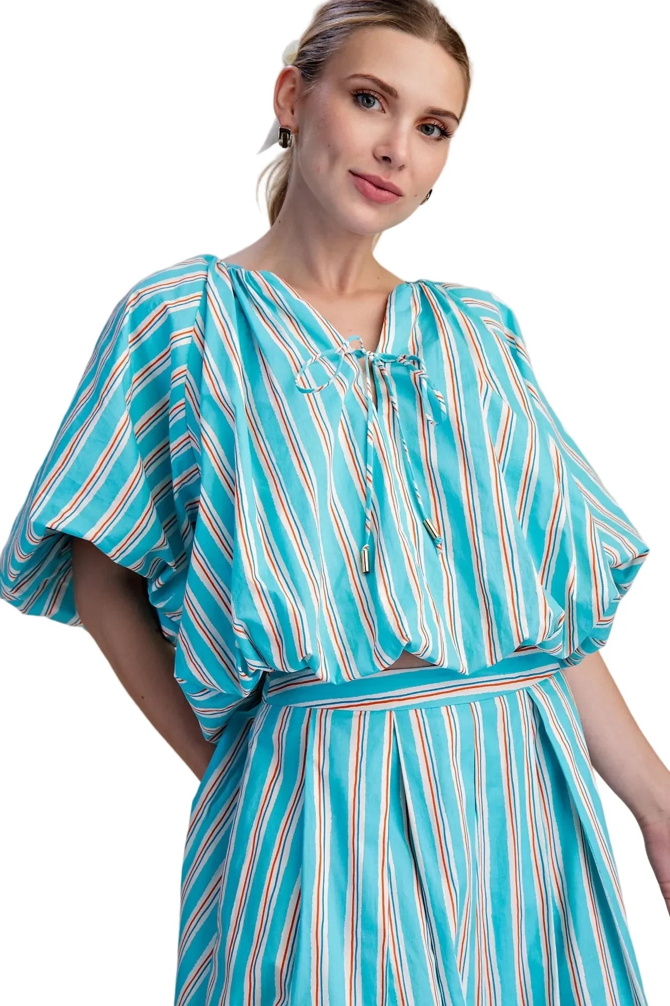 Women's Glam Blue Bubble Crop Top with Gathered Front Tie Puffy Sleeves T8192