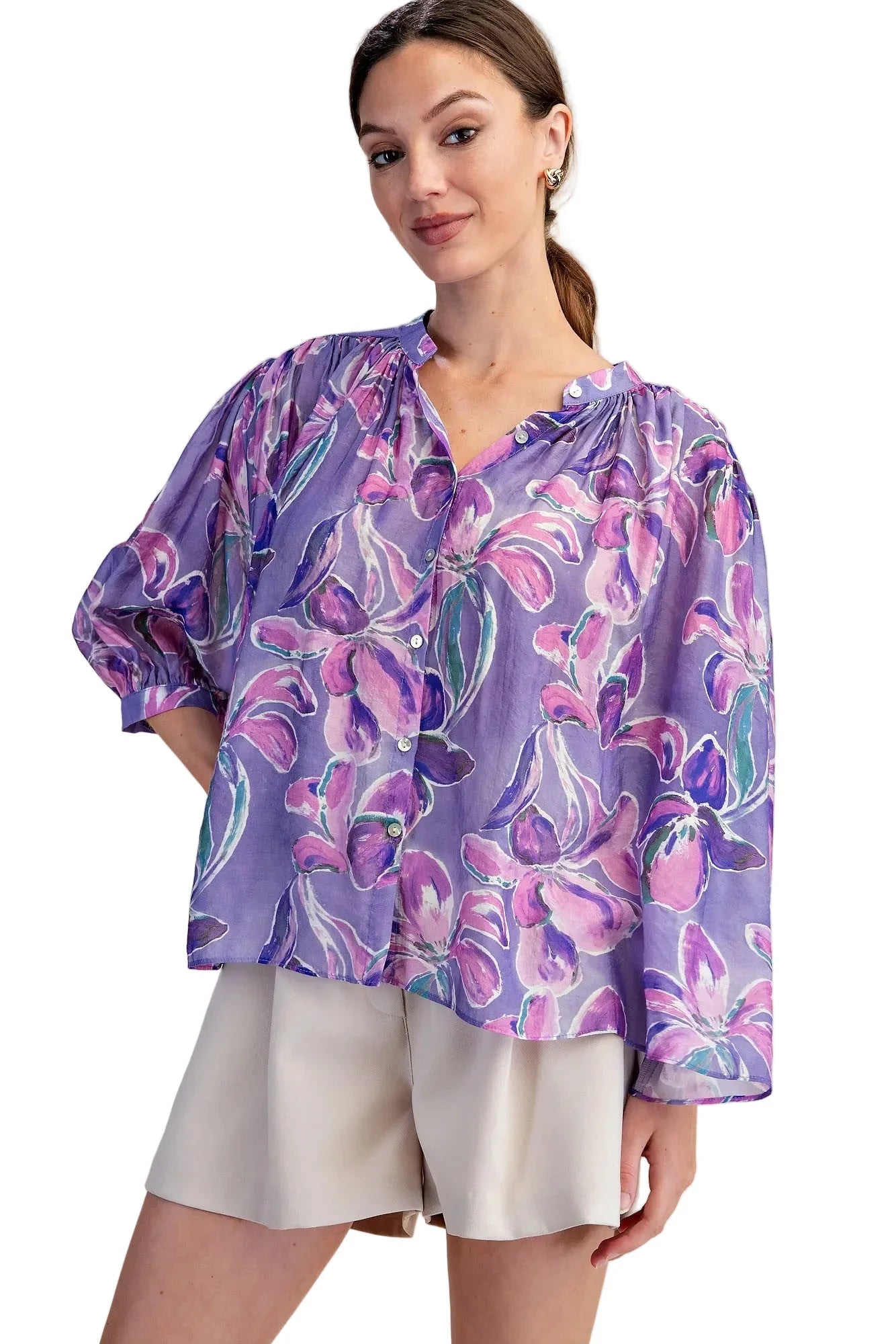 Women's Glam Purple Floral Print Button Down Blouse T8238