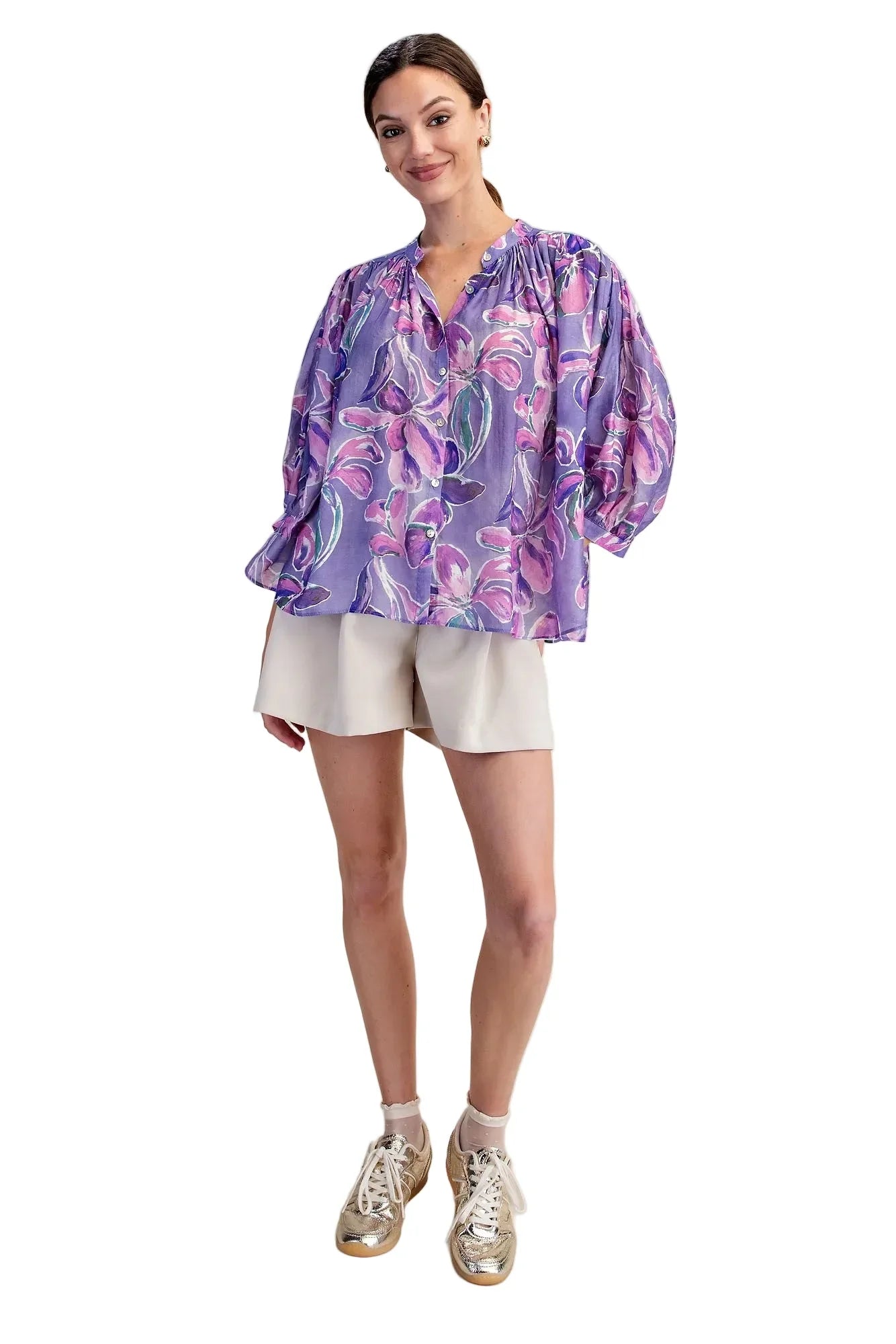 Women's Glam Purple Floral Print Button Down Blouse T8238