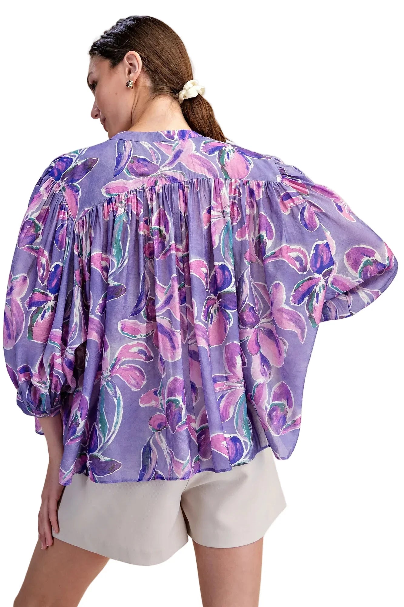 Women's Glam Purple Floral Print Button Down Blouse T8238