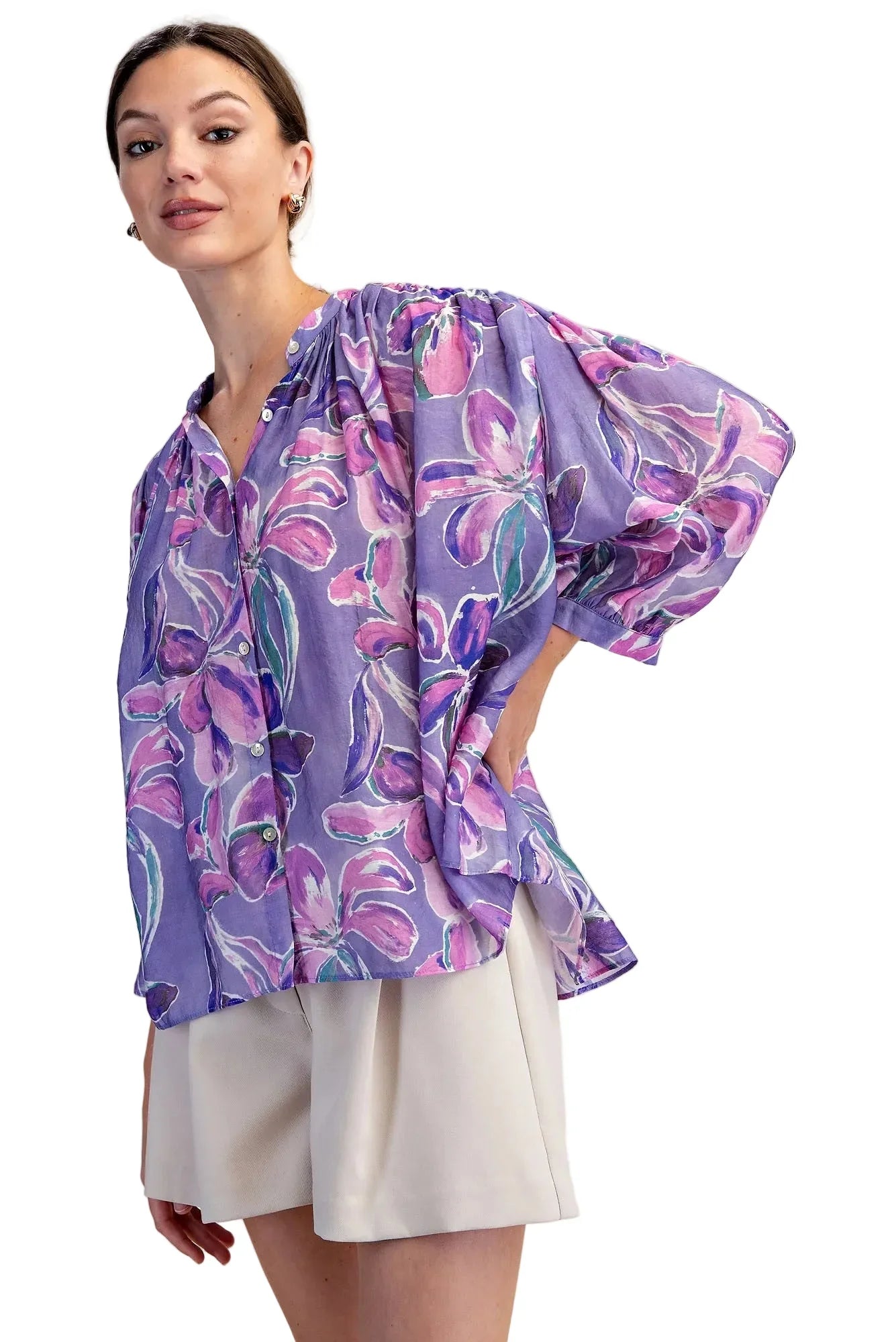 Women's Glam Purple Floral Print Button Down Blouse T8238