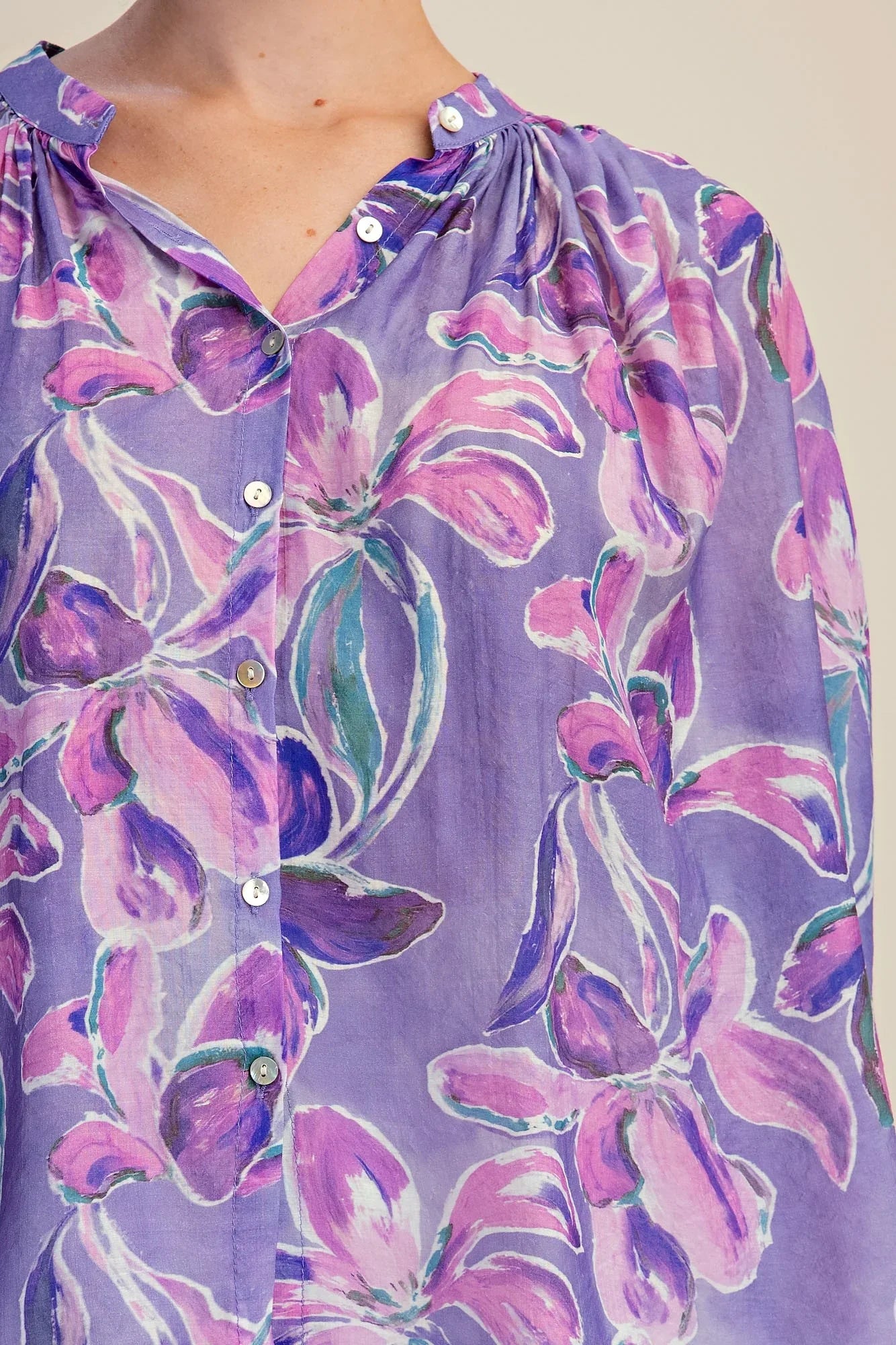 Women's Glam Purple Floral Print Button Down Blouse T8238