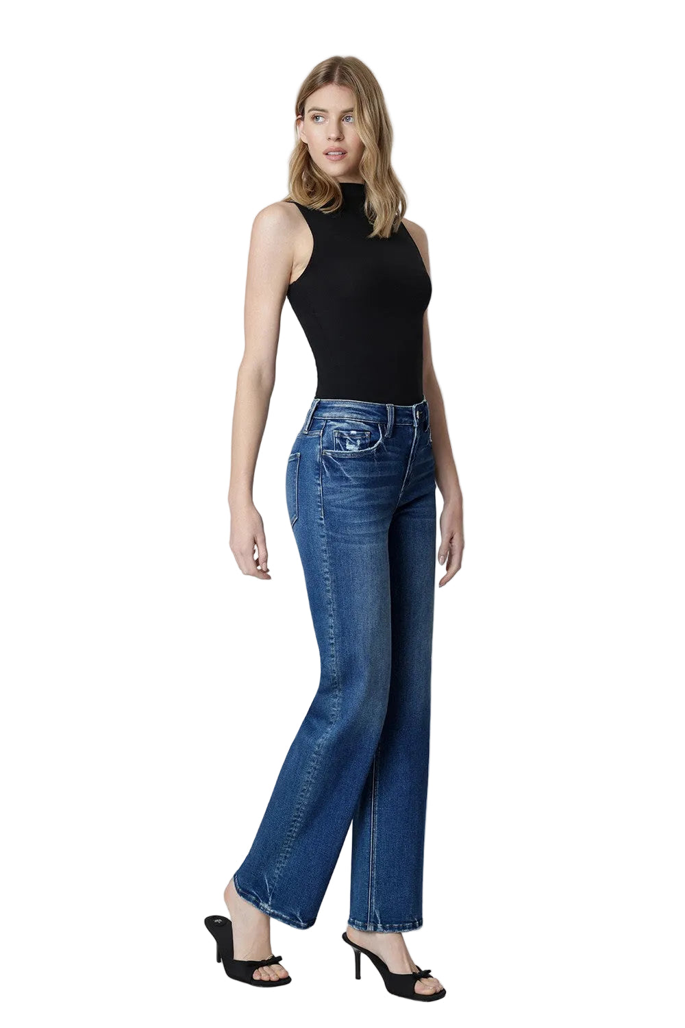 Loververt Women's Lush High Rise Full Length Dark Wash Slim Wide Jeans