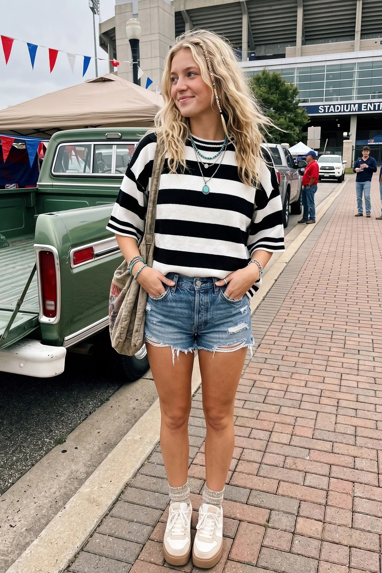 Women's Black and White Gameday Stripe Knit Oversized Top