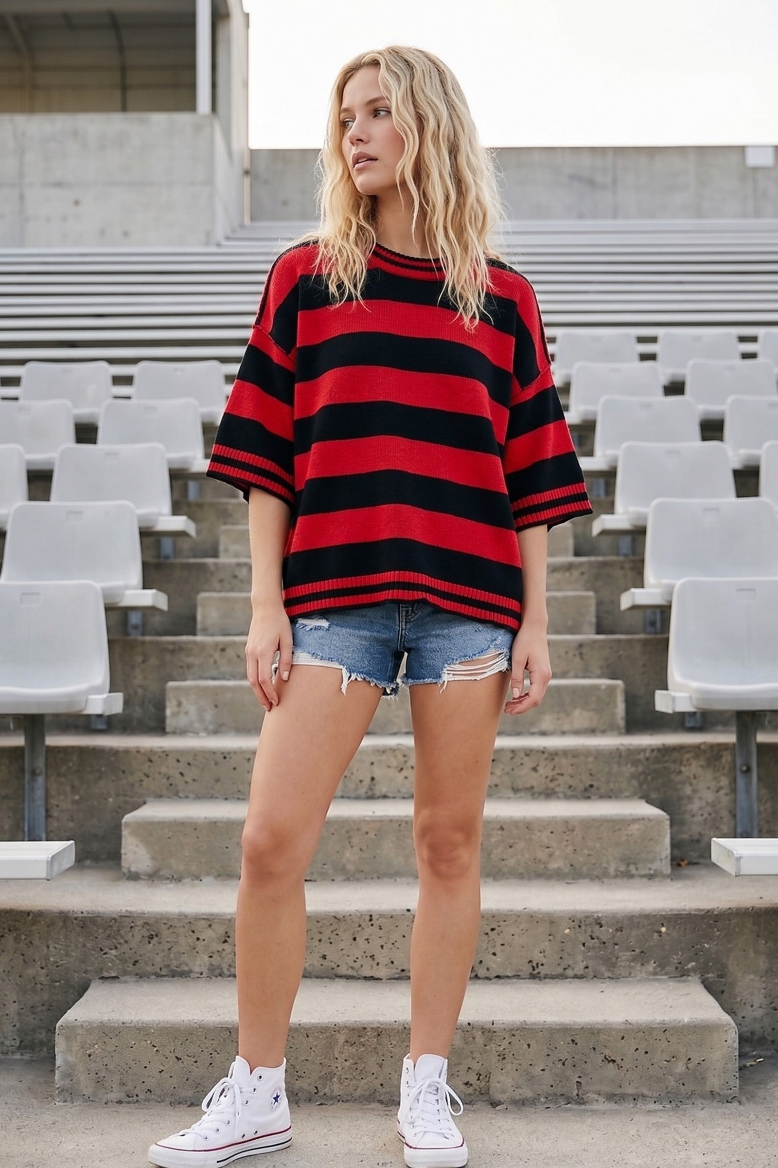 Women's Black and Red Gameday Stripe Knit Oversized Top