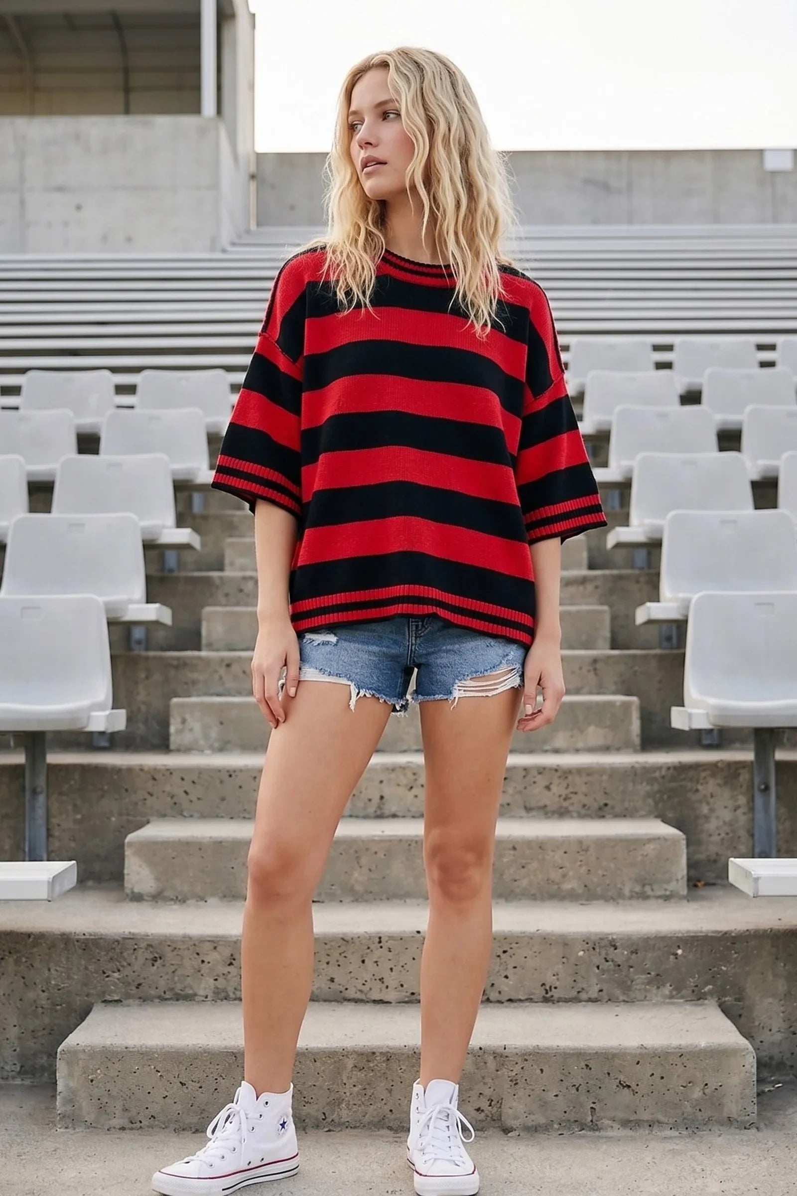 Women's Black and Red Gameday Stripe Knit Oversized Top