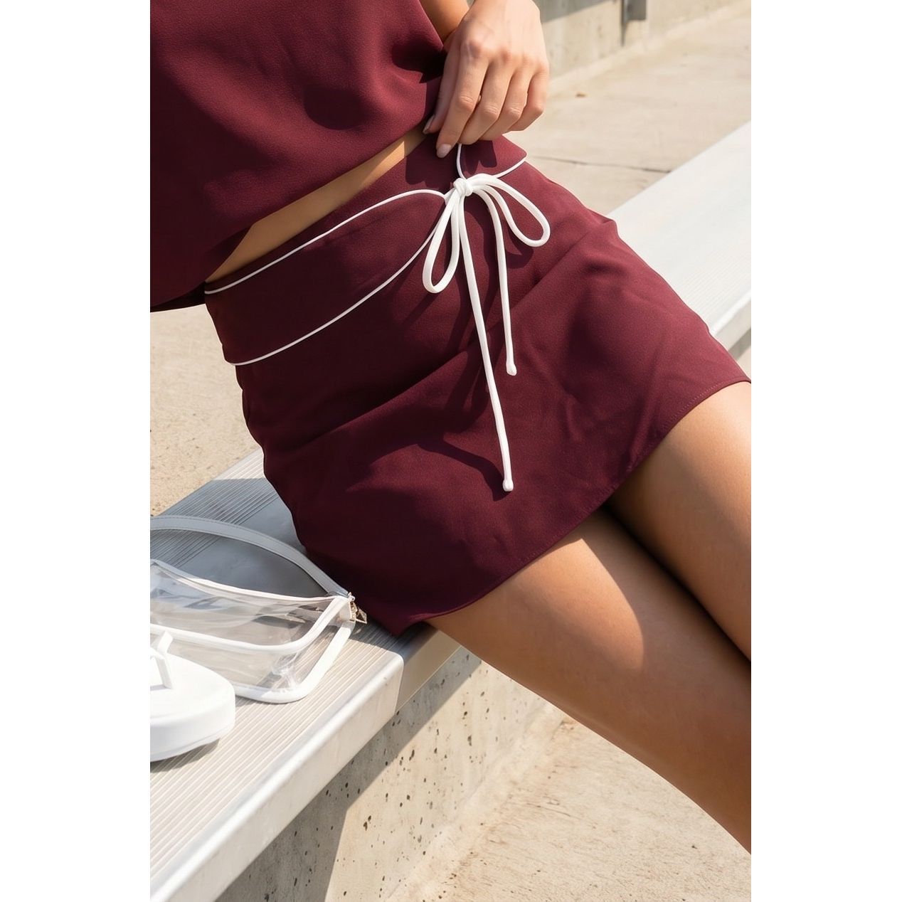Women's Contrast Piping Mini Skirt with Overlay Panel and Tie Detail A4707