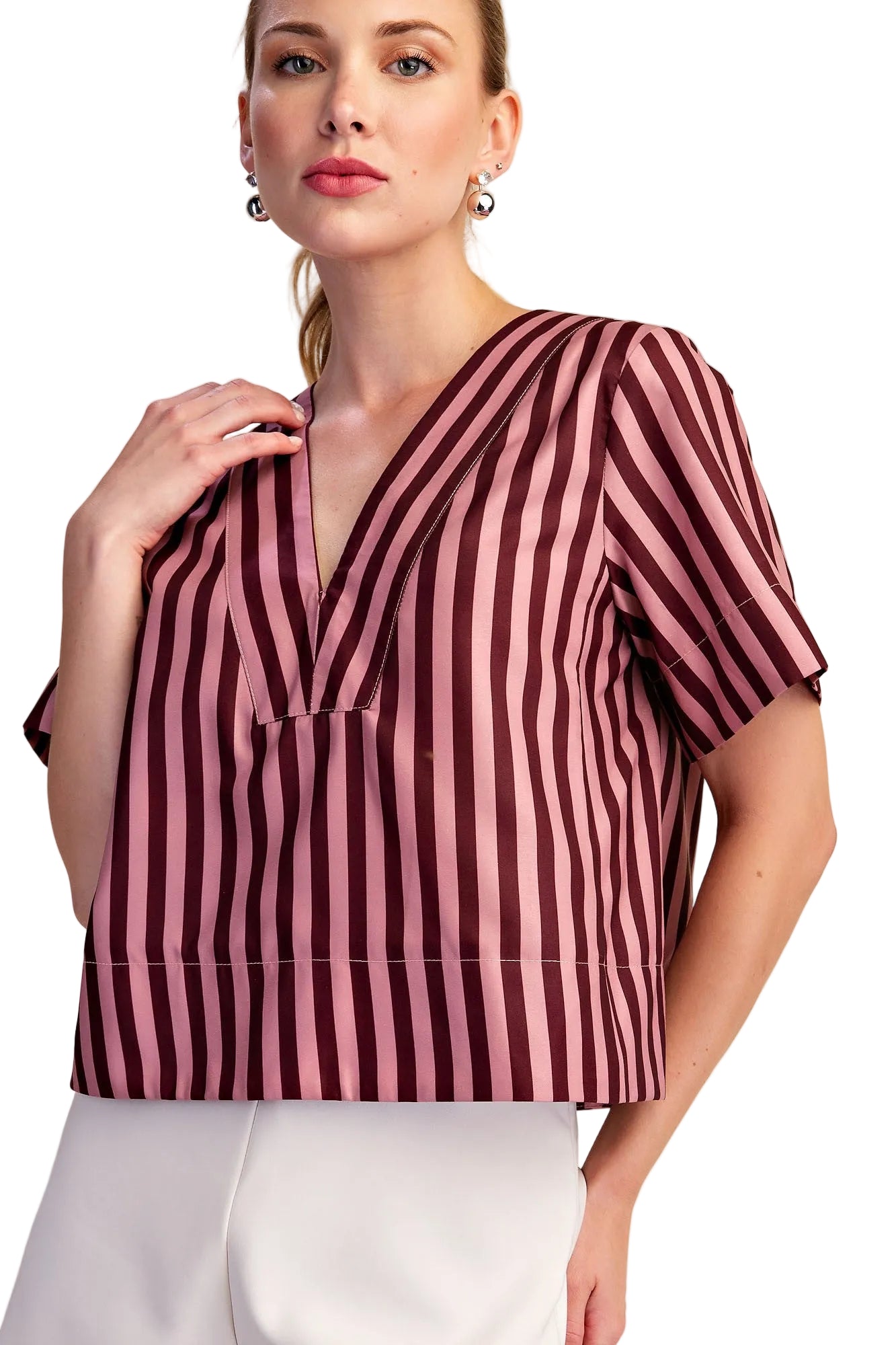 Glam Women's Burgundy/Dusty Rose V-neck Stripe Top Short Sleeve Top