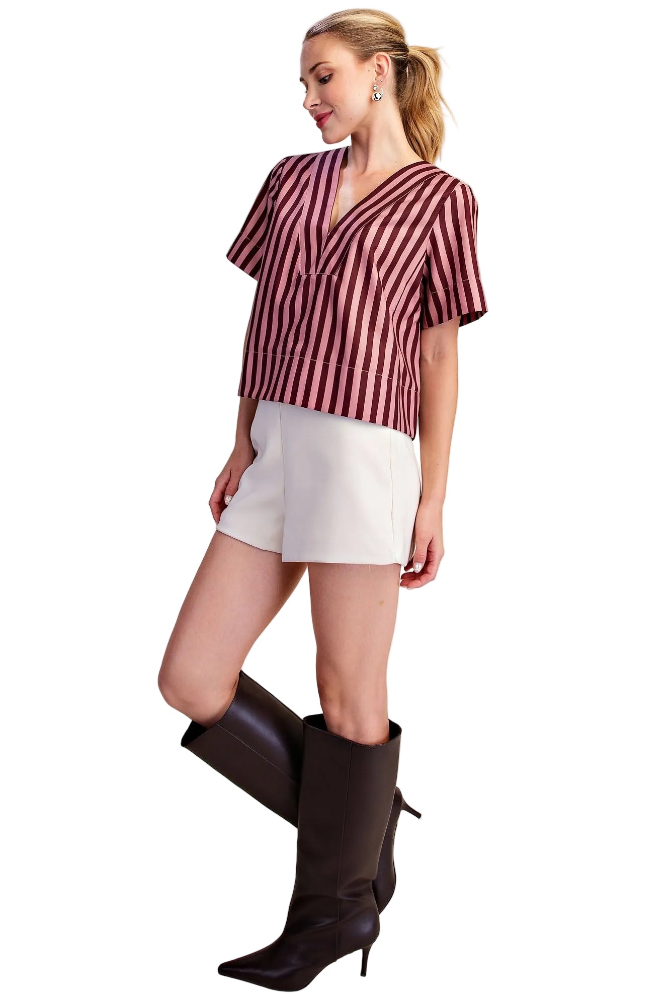Glam Women's Burgundy/Dusty Rose V-neck Stripe Top Short Sleeve Top