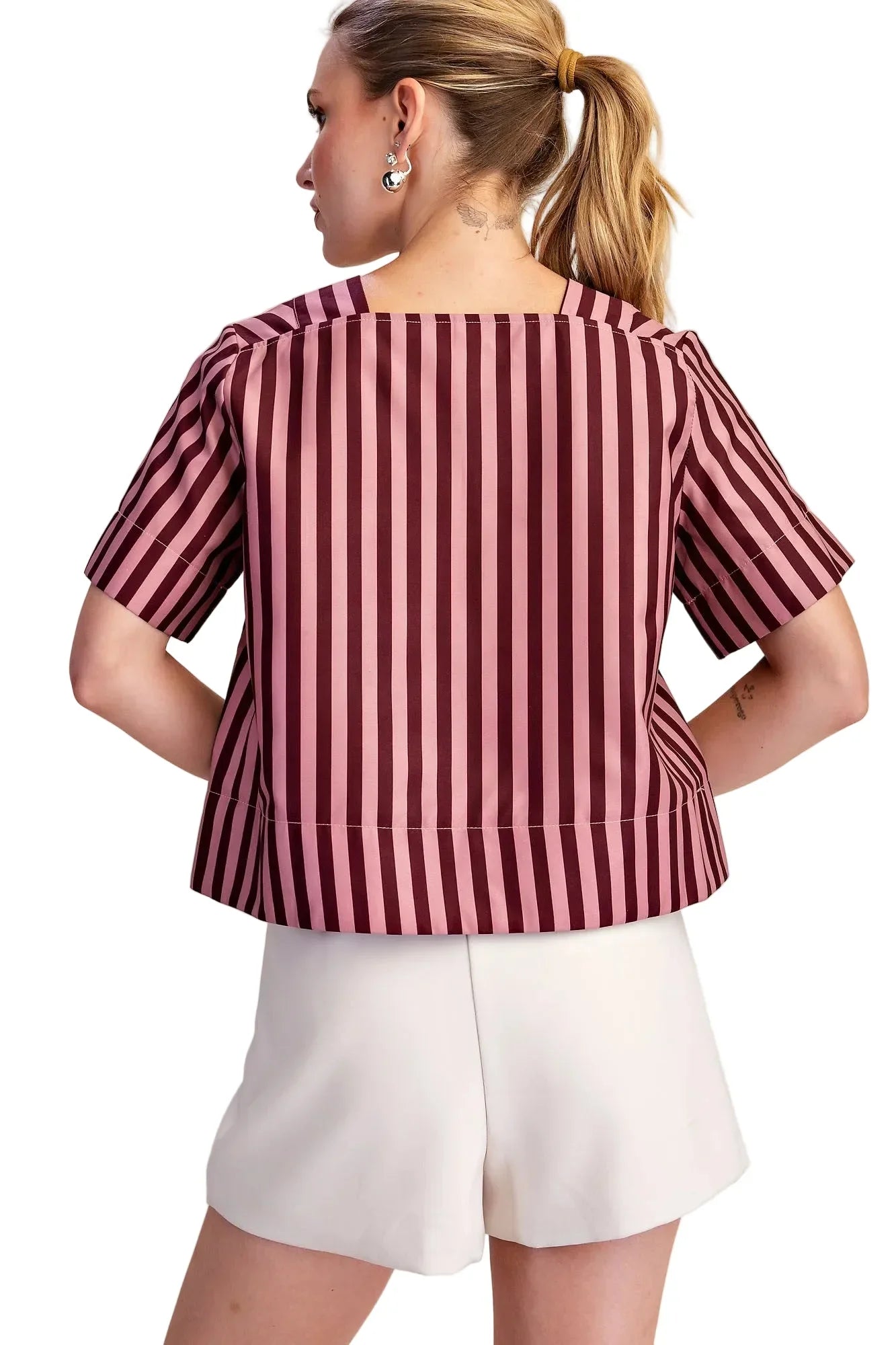 Glam Women's Burgundy/Dusty Rose V-neck Stripe Top Short Sleeve Top