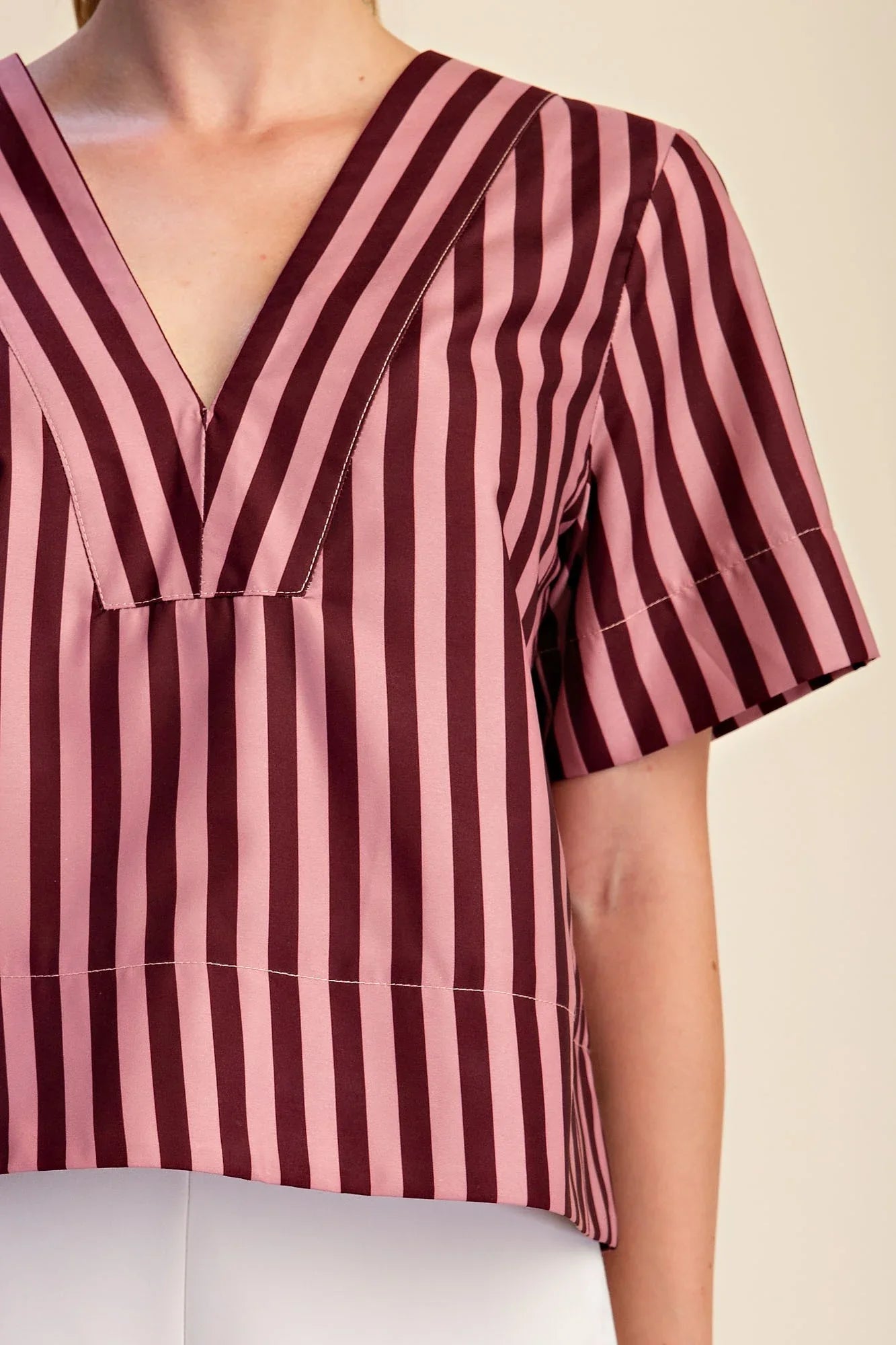 Glam Women's Burgundy/Dusty Rose V-neck Stripe Top Short Sleeve Top