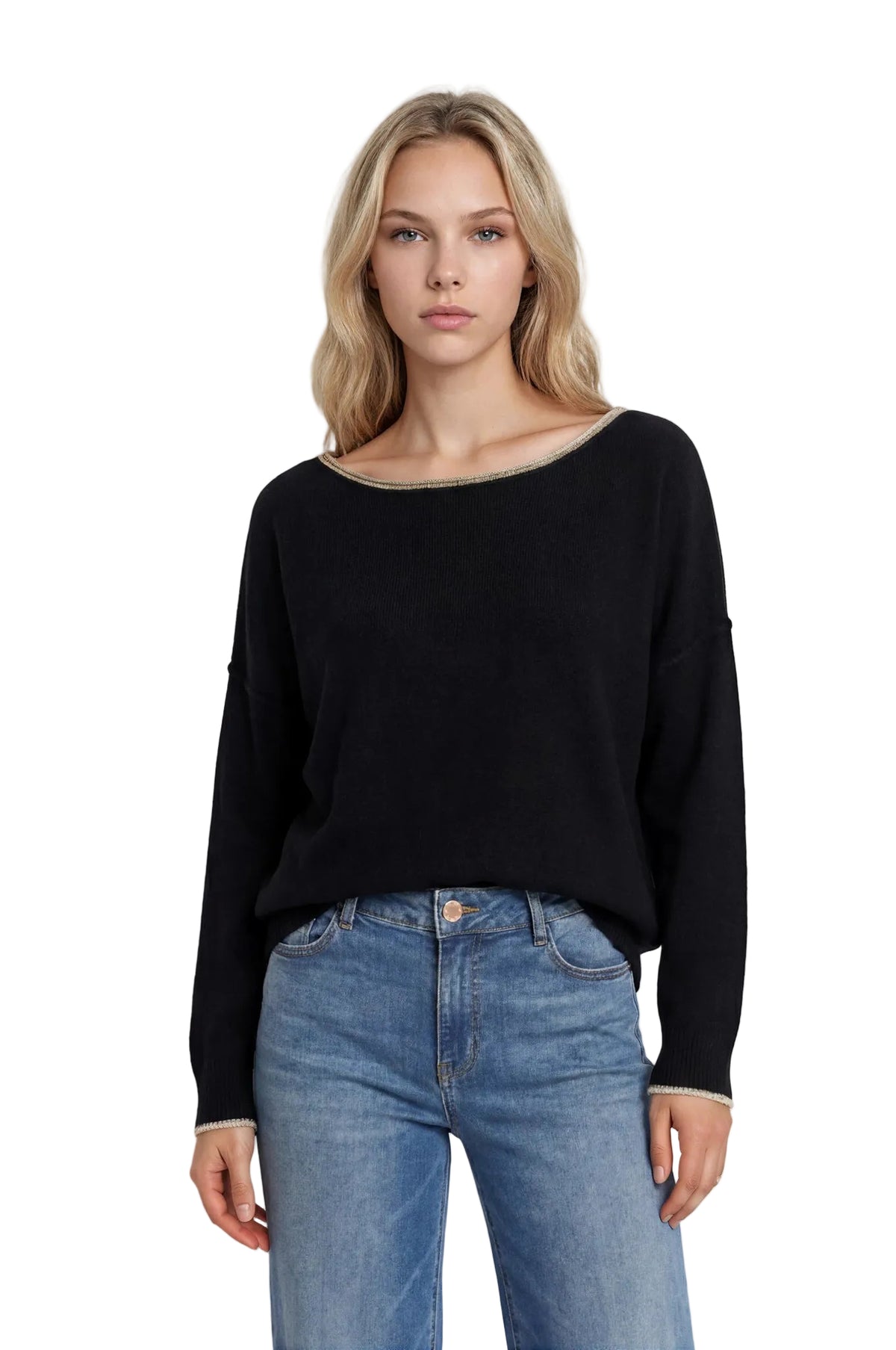 Blu Pepper Women's Black Contrast Trim Off Shoulder Long Sleeve Sweater