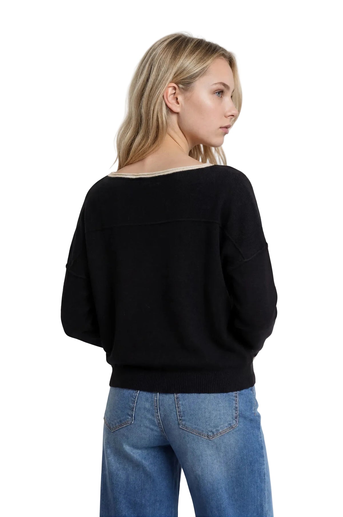 Blu Pepper Women's Black Contrast Trim Off Shoulder Long Sleeve Sweater