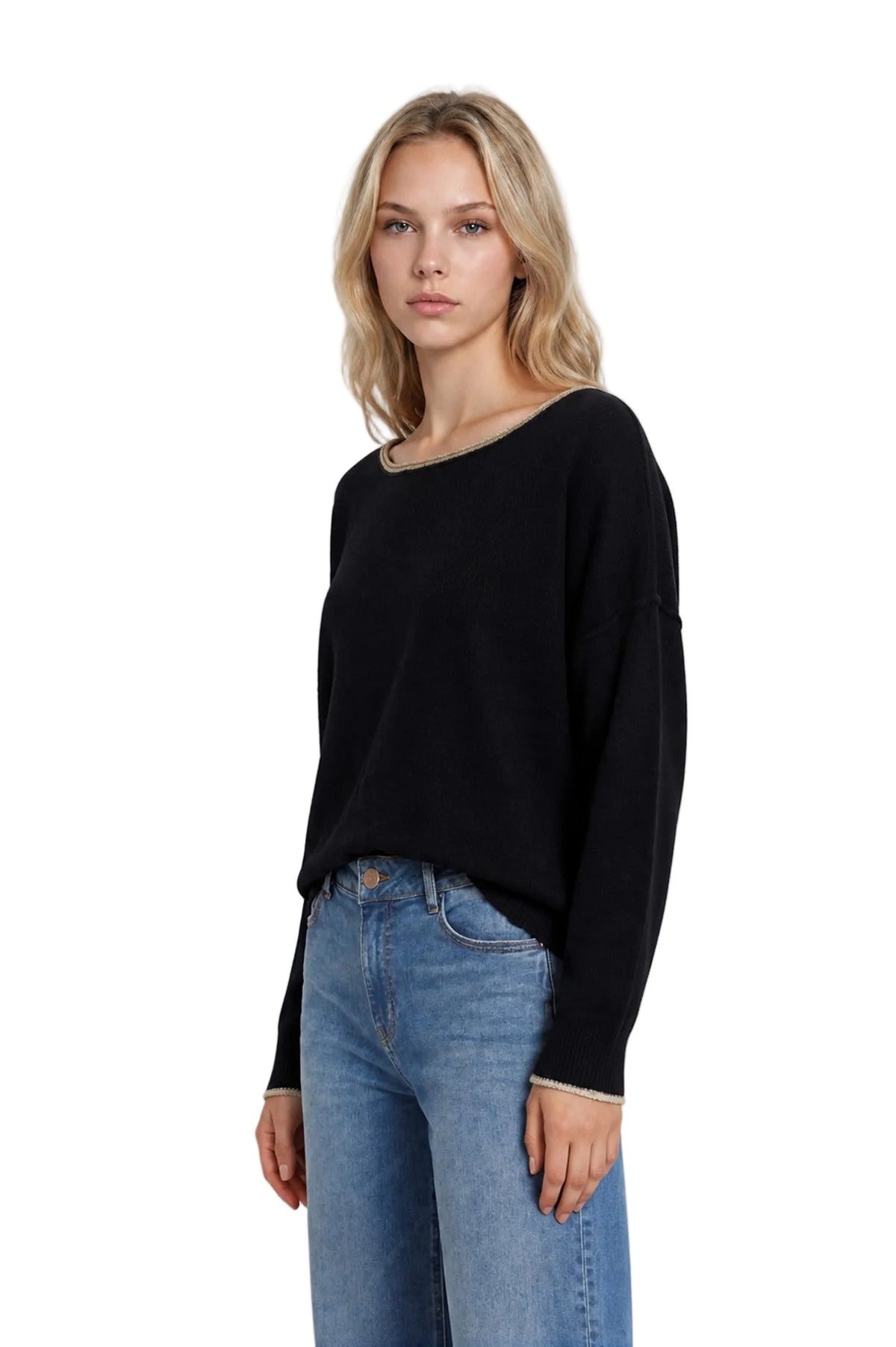 Blu Pepper Women's Black Contrast Trim Off Shoulder Long Sleeve Sweater