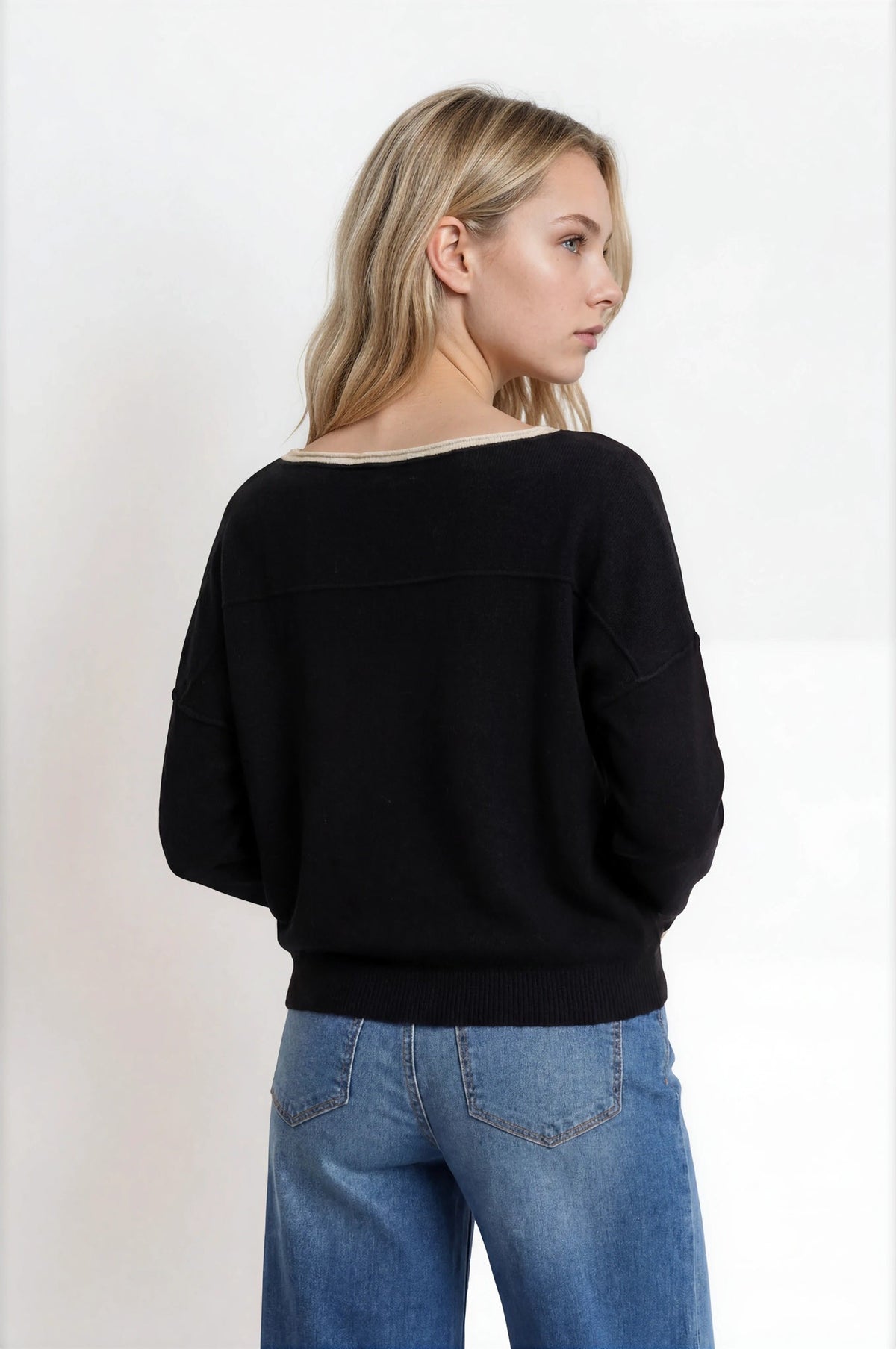 Blu Pepper Women's Black Contrast Trim Off Shoulder Long Sleeve Sweater