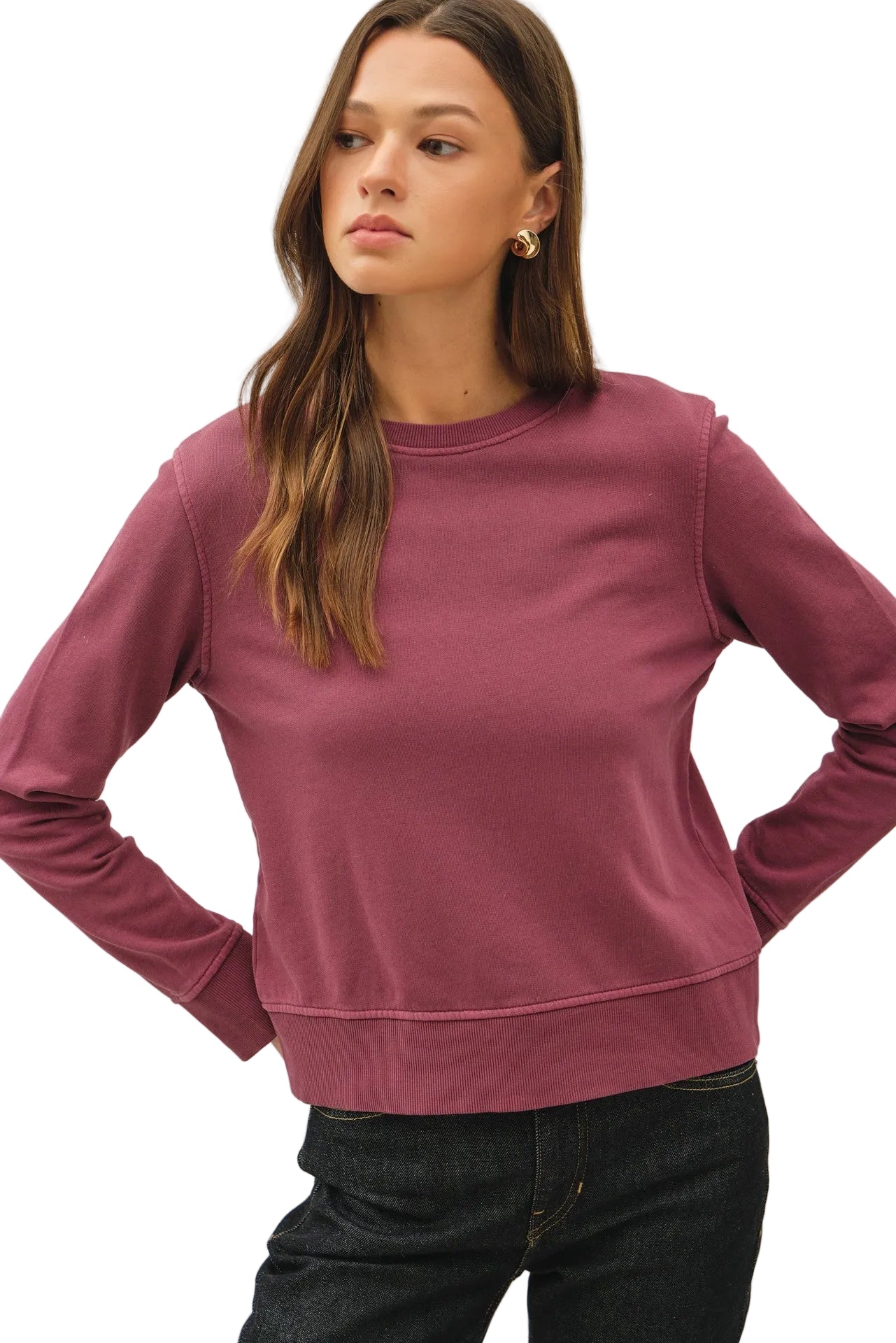 Be Cool Women's Merlot Garment-dyed Cotton Fleece Crew Sweatshirt