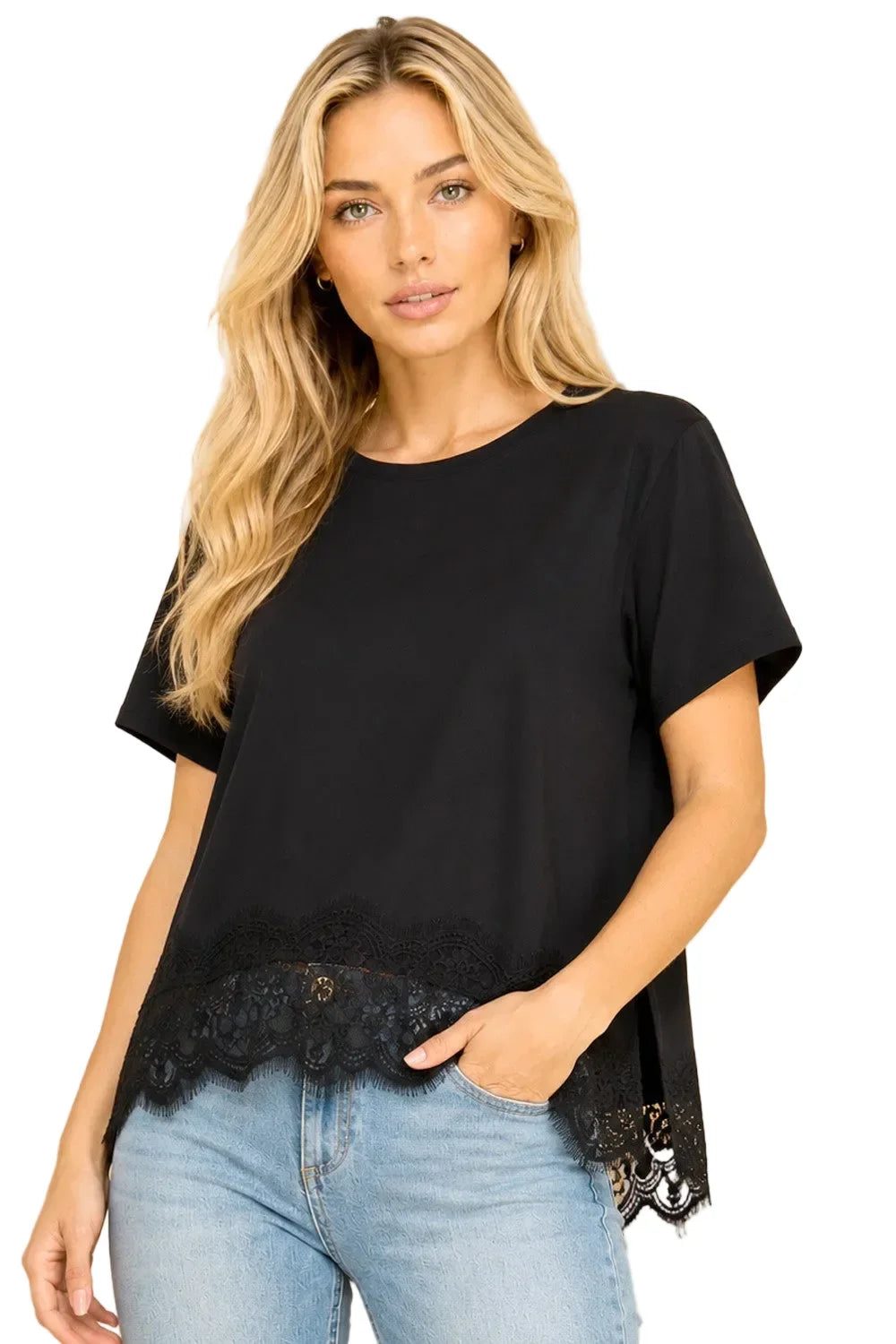 Women's Black Asymmetrical Lace Trim Top