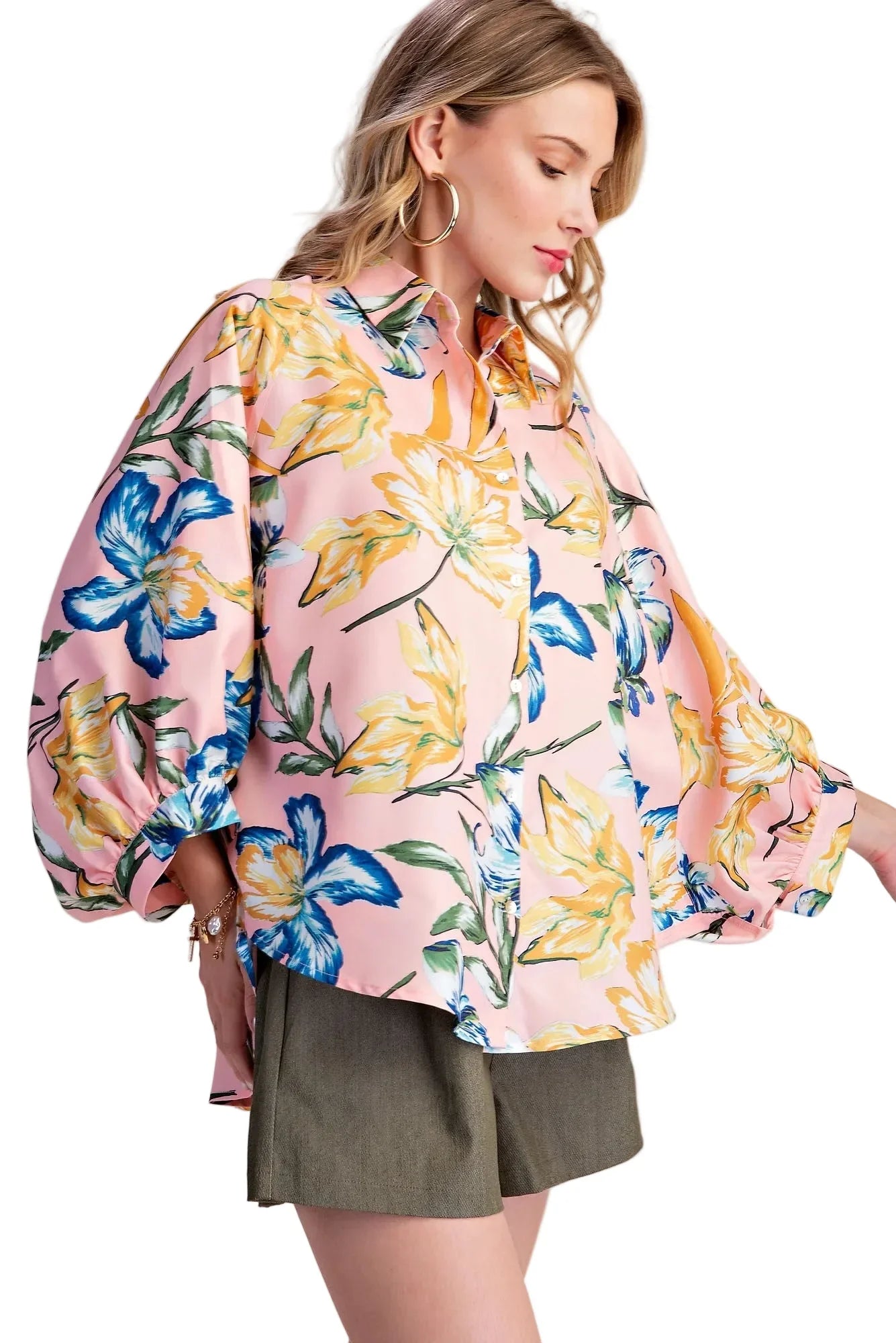 Women's Glam Baby Pink Floral Button Front Balloon Wide Long Sleeve Shirt T9134