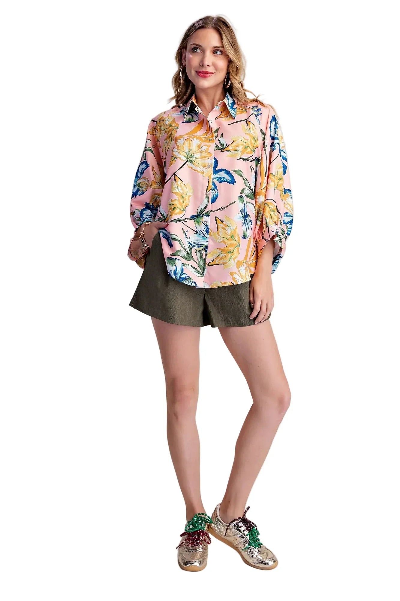 Women's Glam Baby Pink Floral Button Front Balloon Wide Long Sleeve Shirt T9134