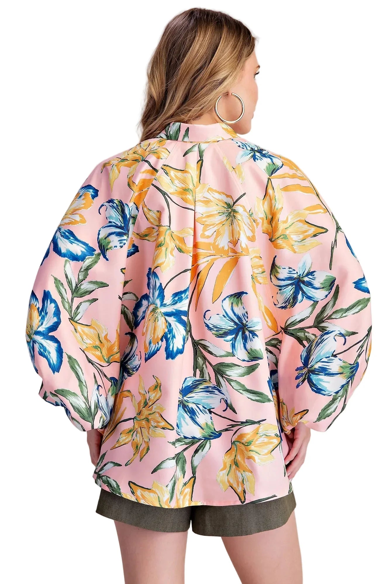 Women's Glam Baby Pink Floral Button Front Balloon Wide Long Sleeve Shirt T9134