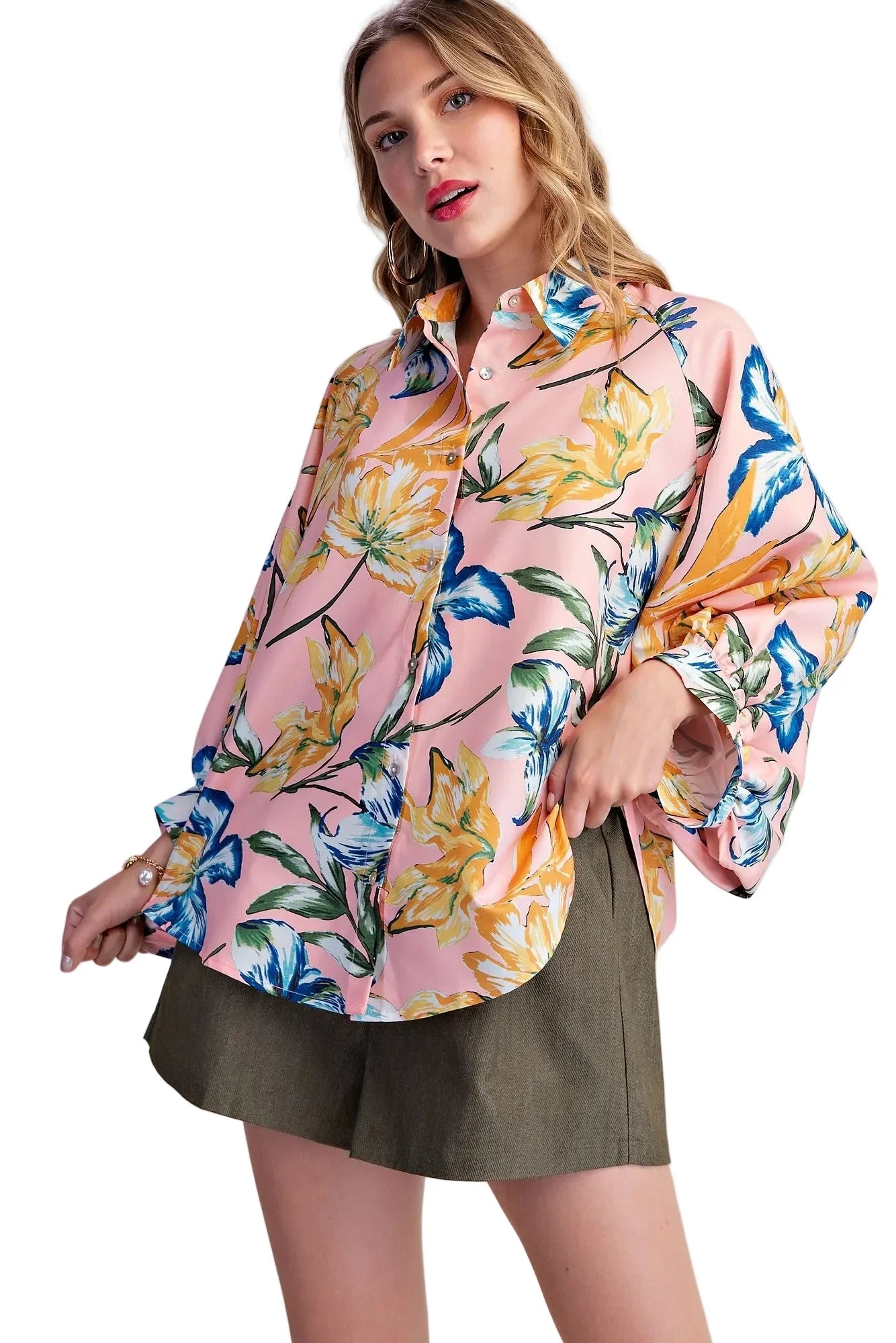 Women's Glam Baby Pink Floral Button Front Balloon Wide Long Sleeve Shirt T9134