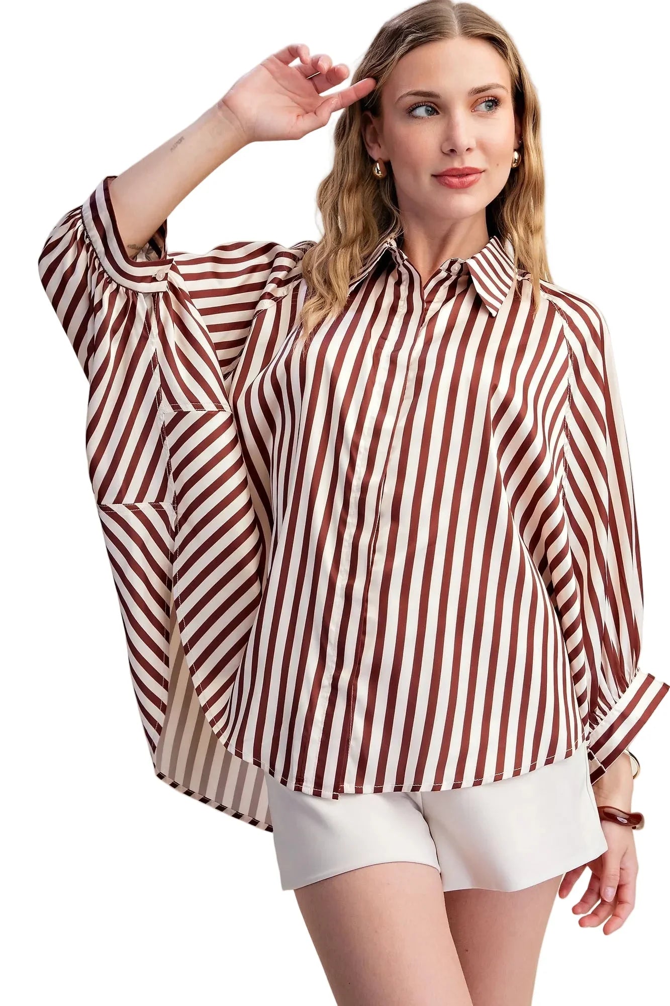 Glam Women's Stripe Wide Puff Sleeve Button Down Shirt