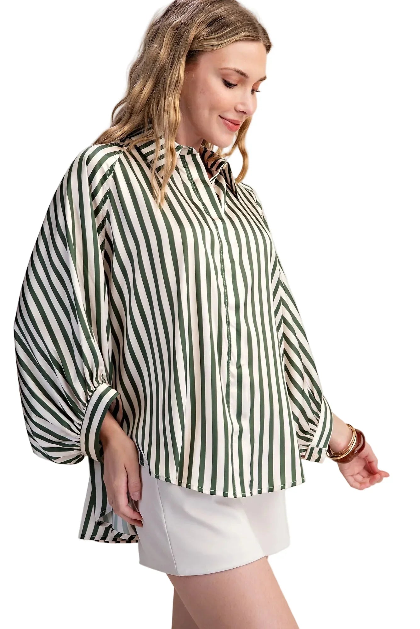 Glam Women's Stripe Wide Puff Sleeve Button Down Shirt