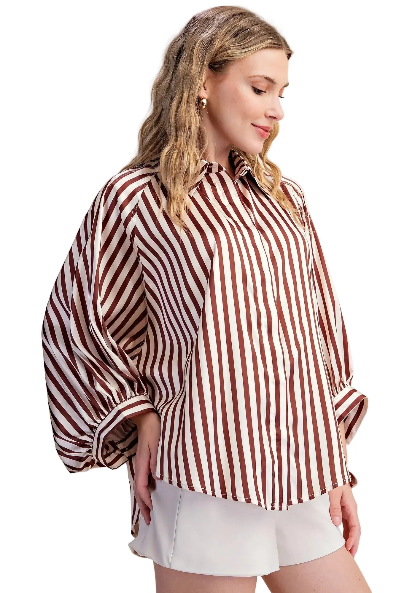 Glam Women's Stripe Wide Puff Sleeve Button Down Shirt