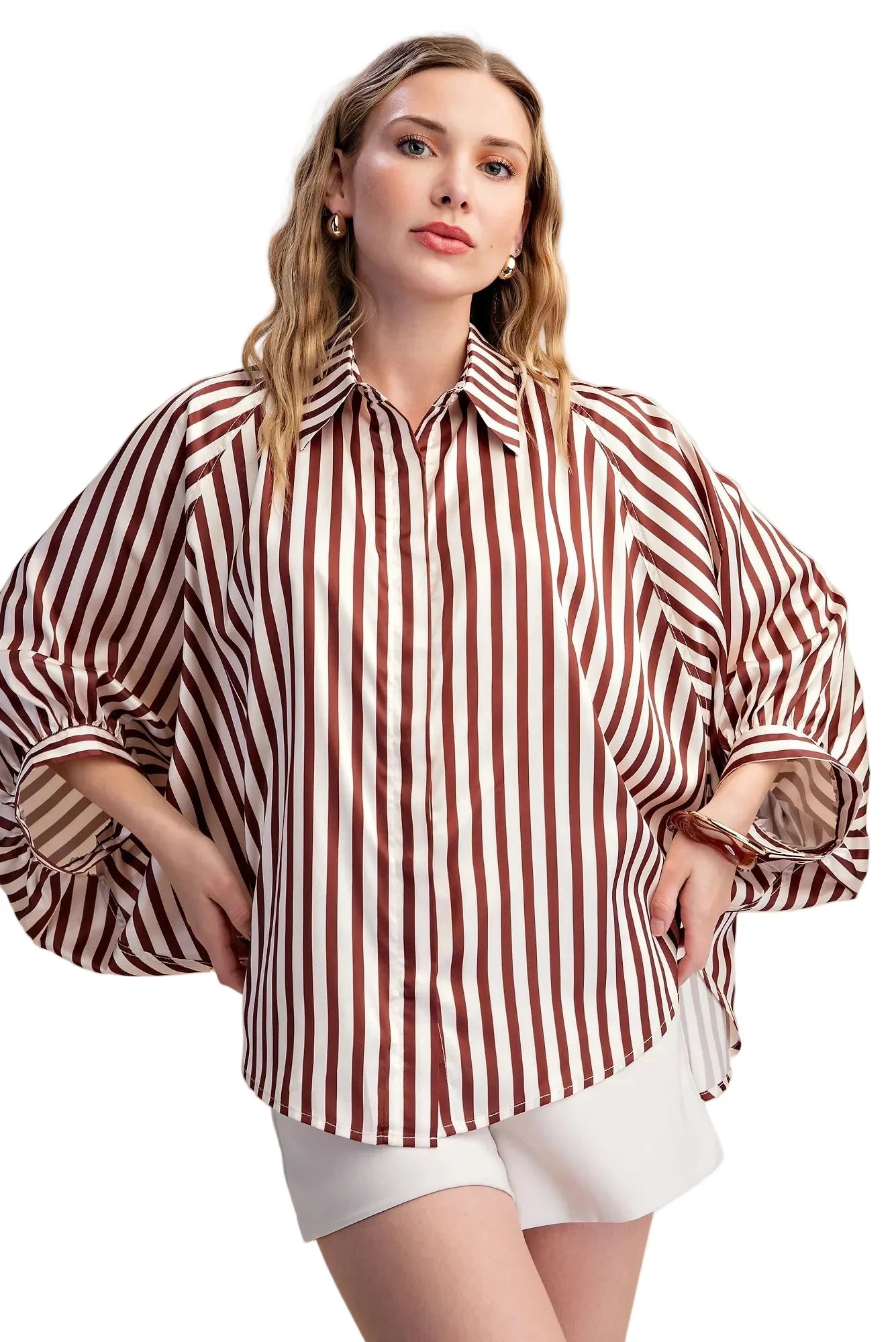 Glam Women's Stripe Wide Puff Sleeve Button Down Shirt