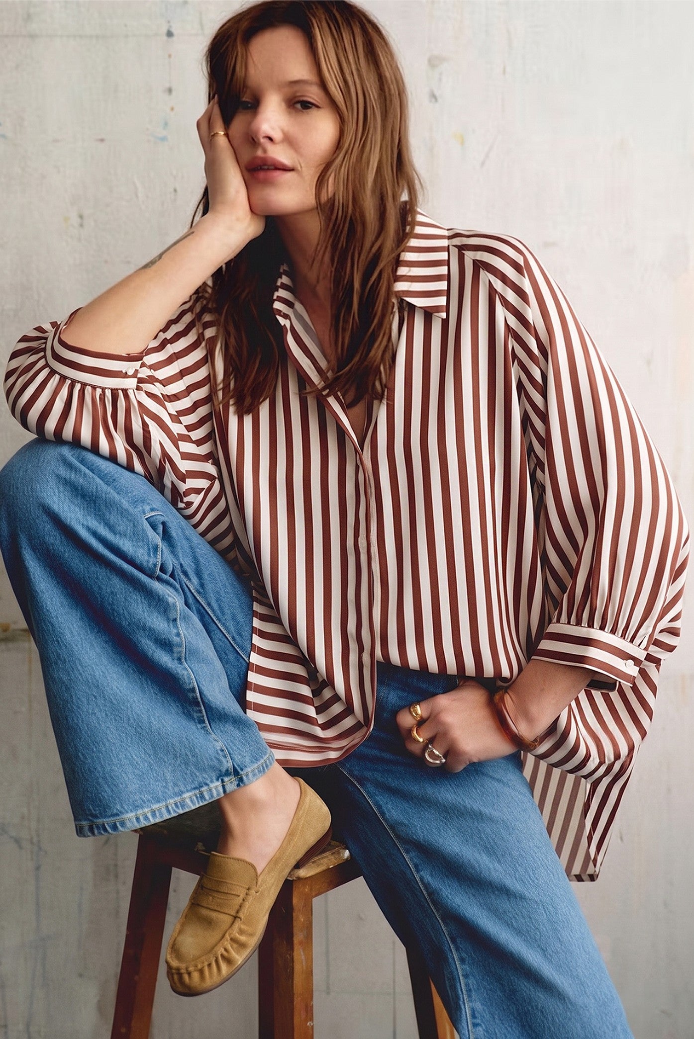 Glam Women's Stripe Wide Puff Sleeve Button Down Shirt