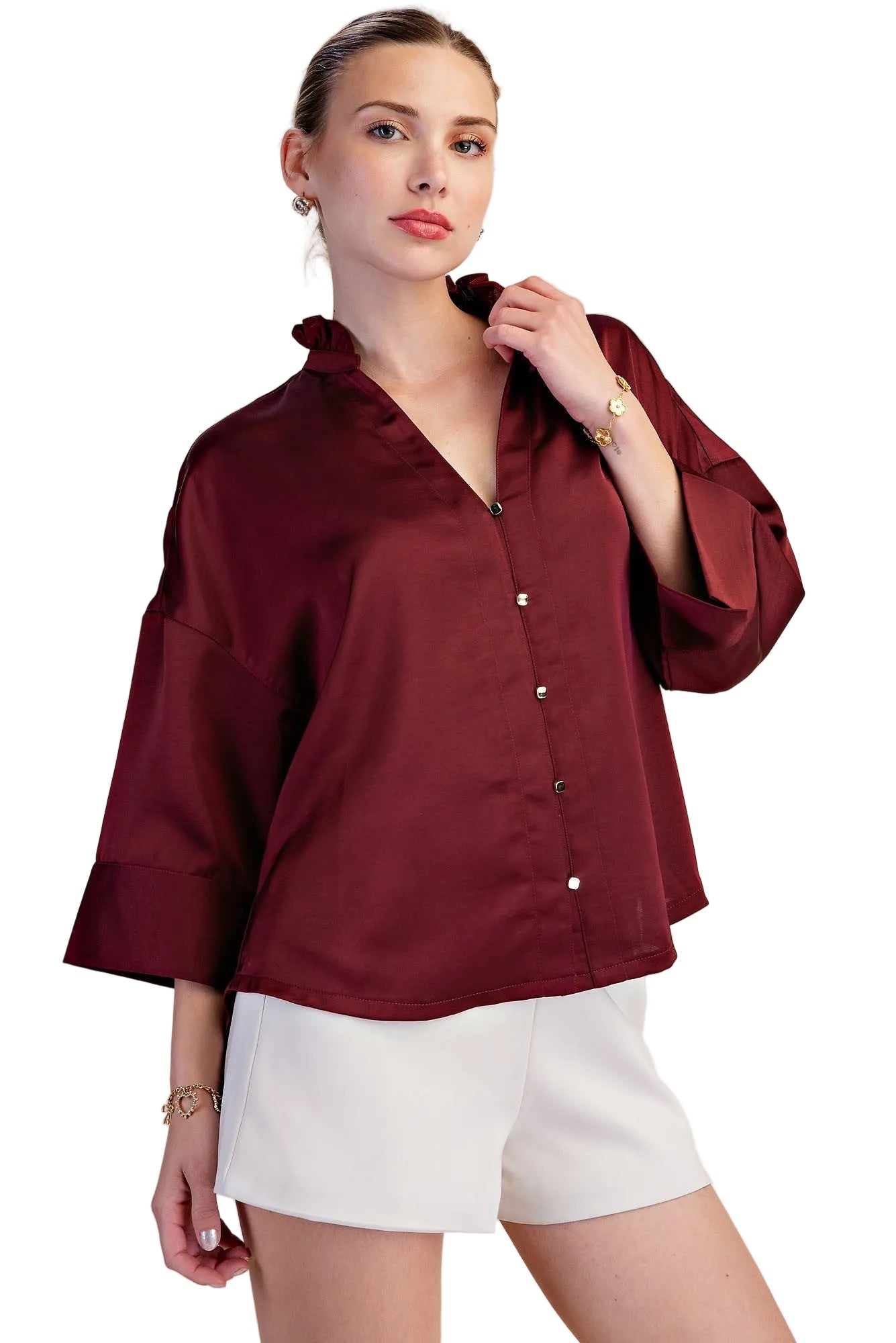 Glam Women's Burgundy V-neck Metal Button Down Shirt