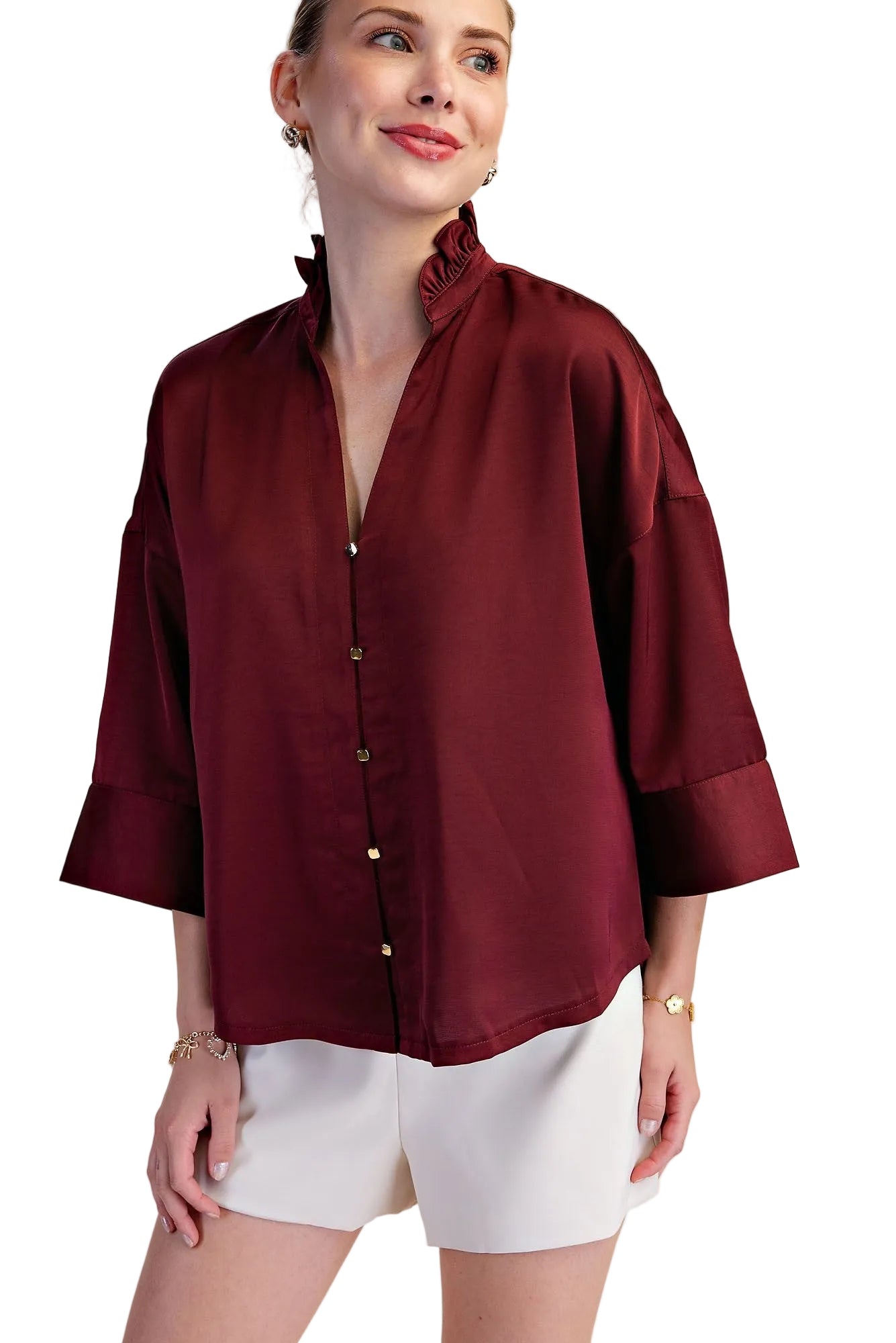 Glam Women's Burgundy V-neck Metal Button Down Shirt