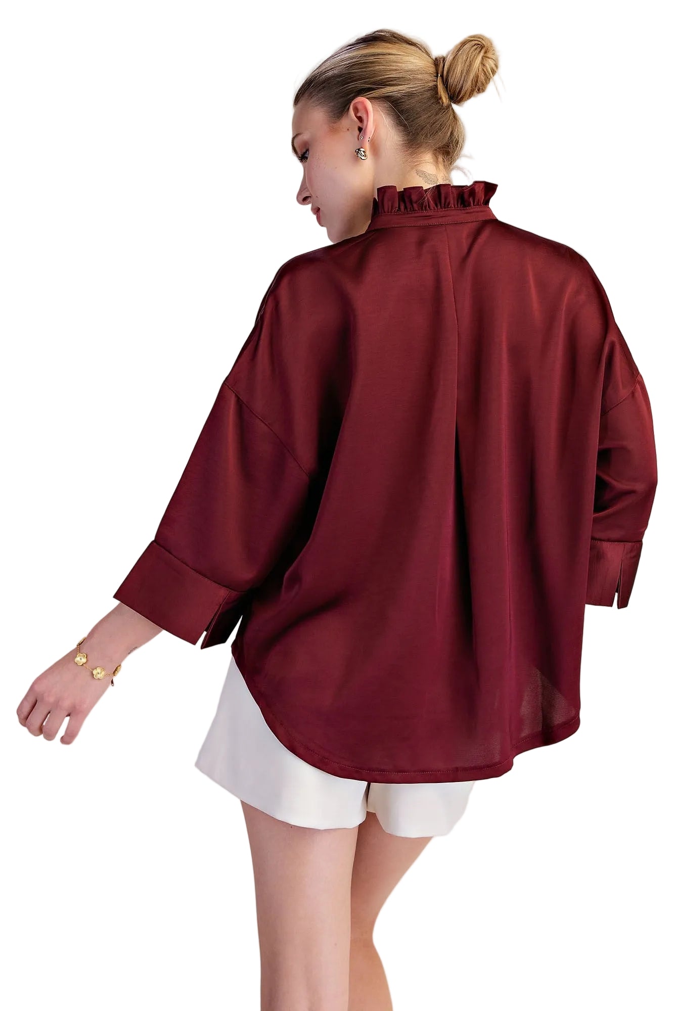 Glam Women's Burgundy V-neck Metal Button Down Shirt