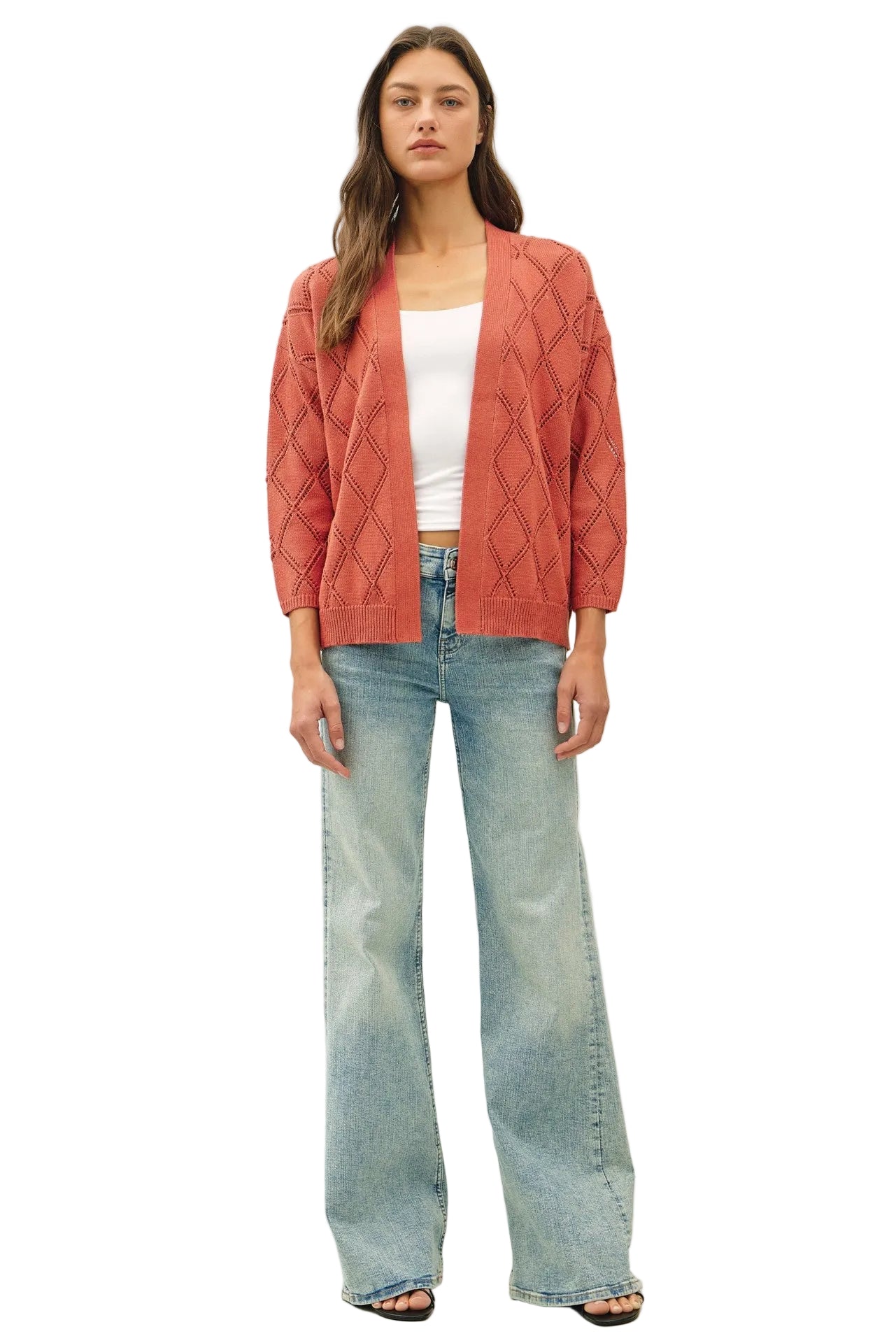 Women's Be Cool Terracotta Pointelle Knit Open Front Cardigan