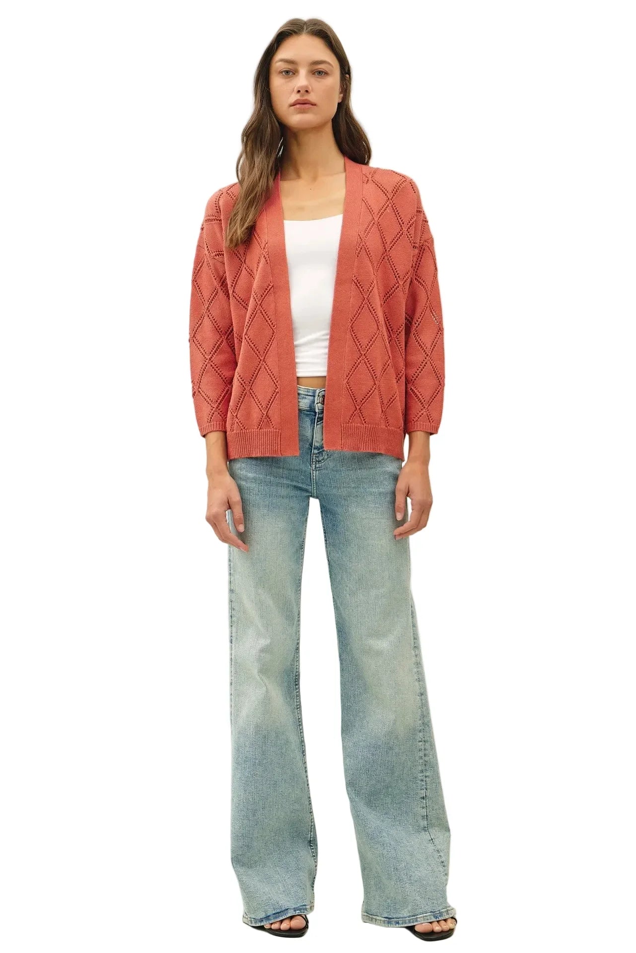 Women's Be Cool Terracotta Pointelle Knit Open Front Cardigan