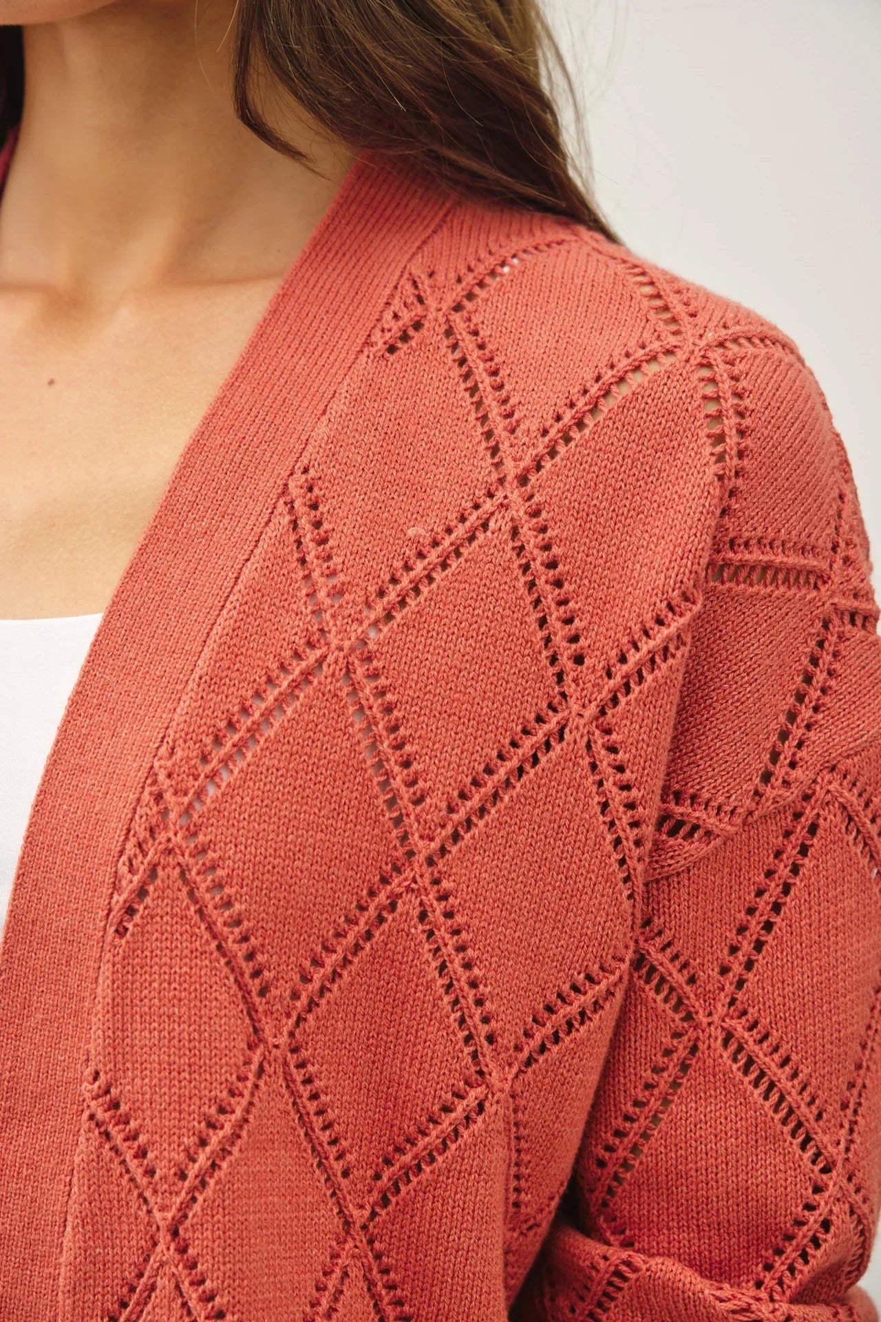 Women's Be Cool Terracotta Pointelle Knit Open Front Cardigan