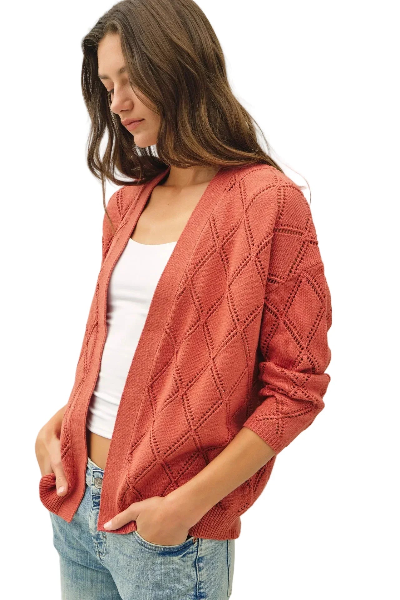 Women's Be Cool Terracotta Pointelle Knit Open Front Cardigan