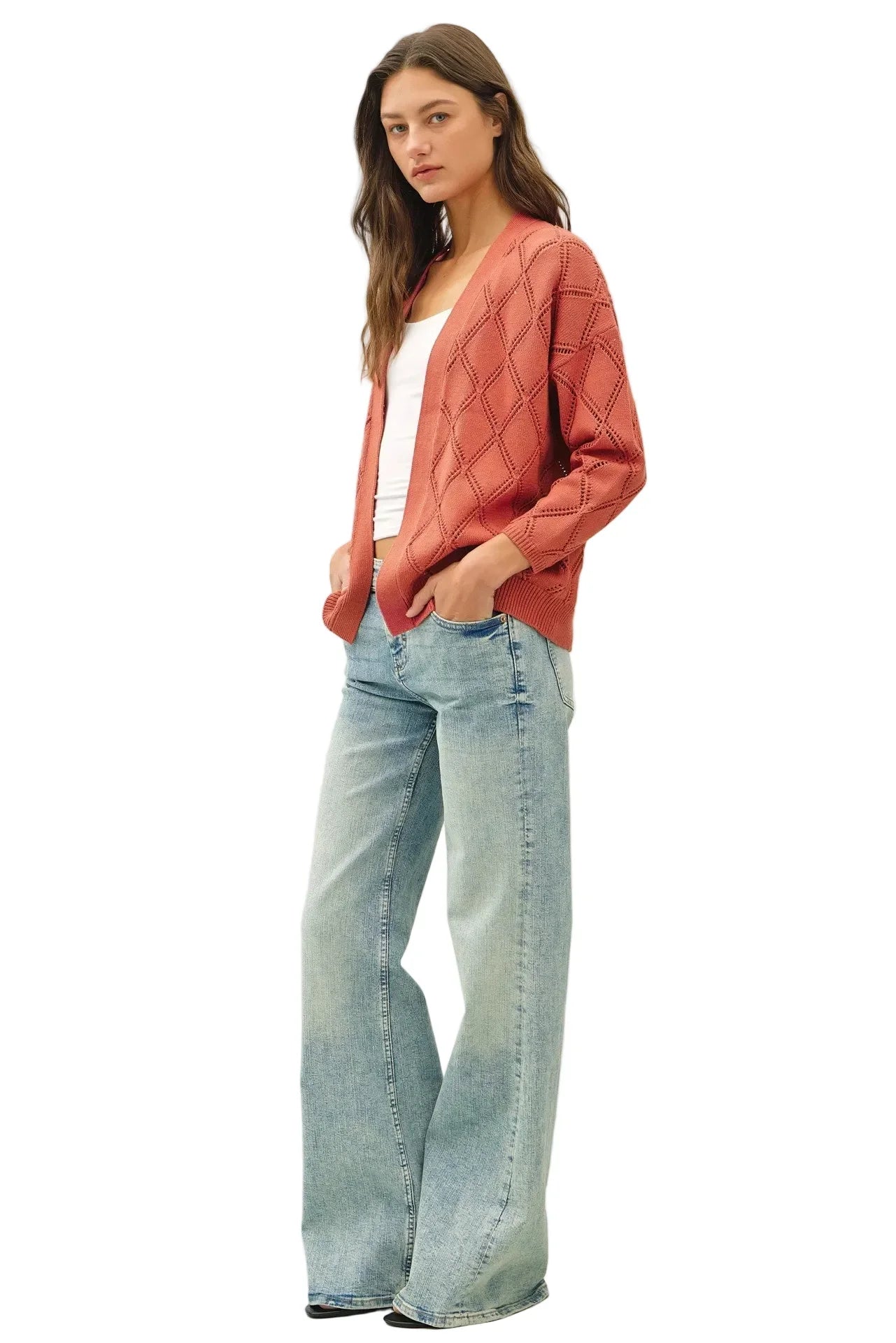 Women's Be Cool Terracotta Pointelle Knit Open Front Cardigan