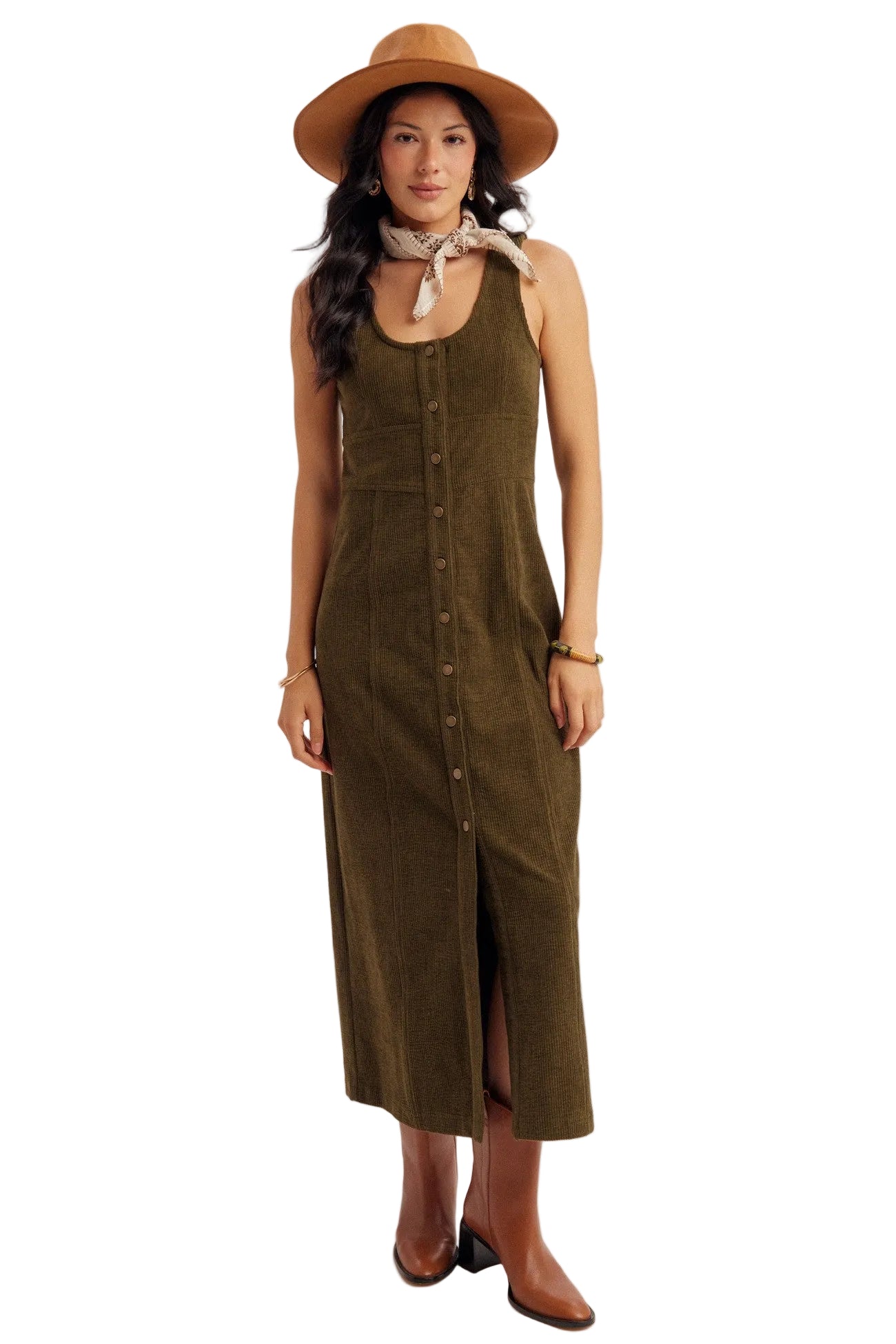 Women's Olive Button Down Corduroy Scoop Neck Maxi Dress