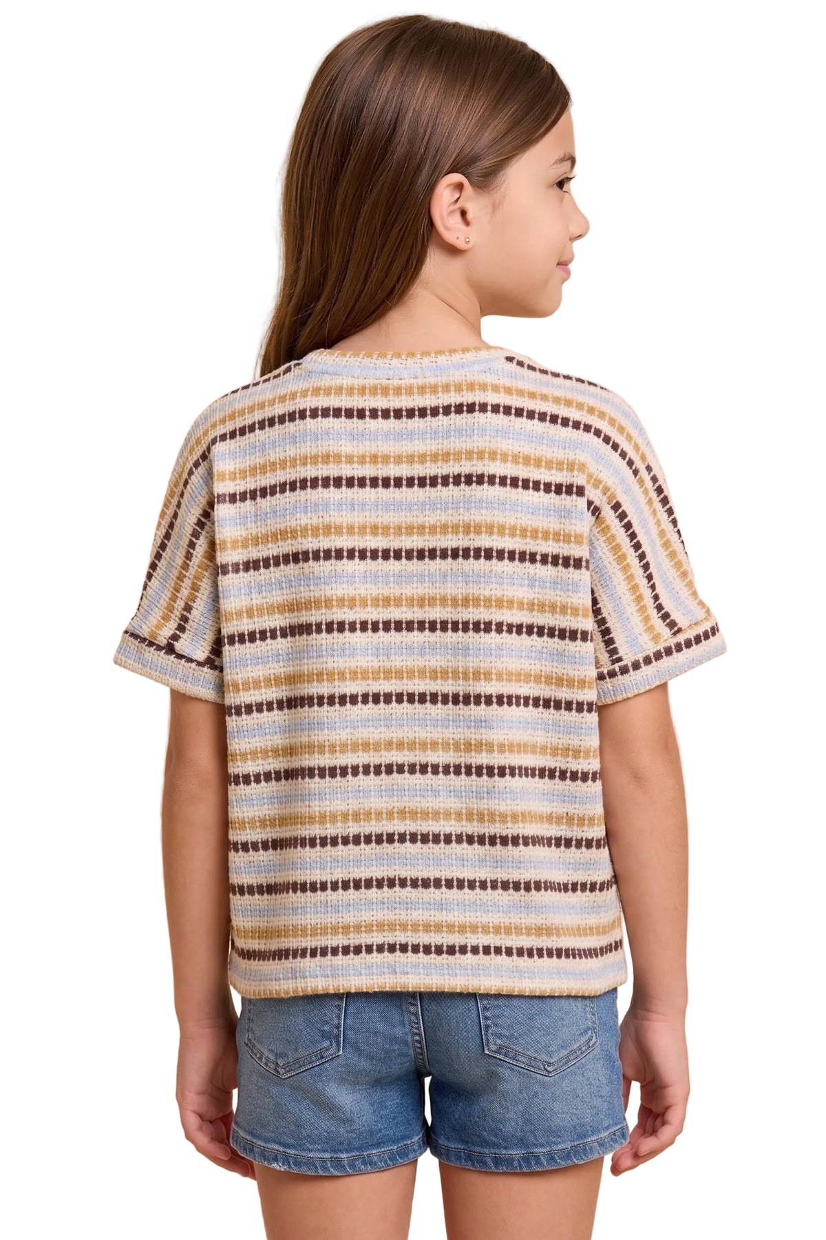 Hayden Girl's Brown Mix Ladder Stitch Striped V-neck T-shirt