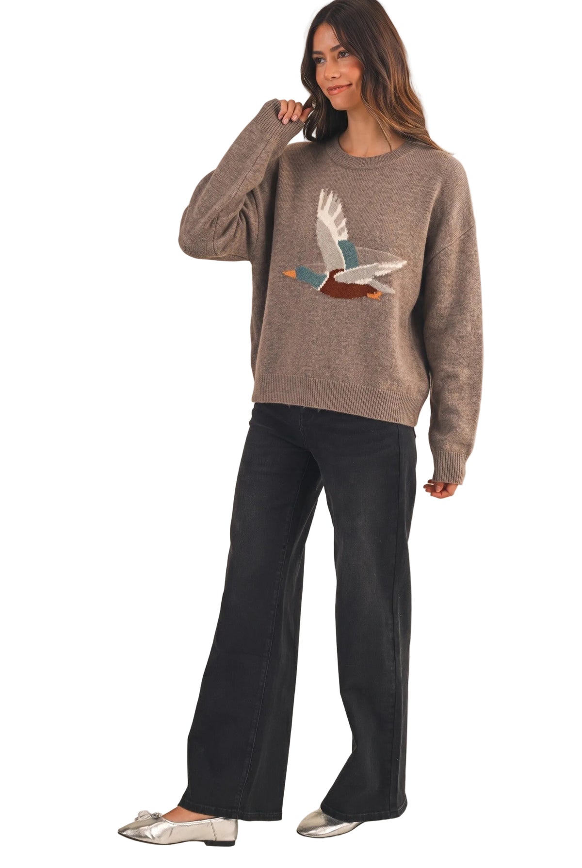 Anniewear Women's Mocha Mallard Jacquard Loose Fit Sweater