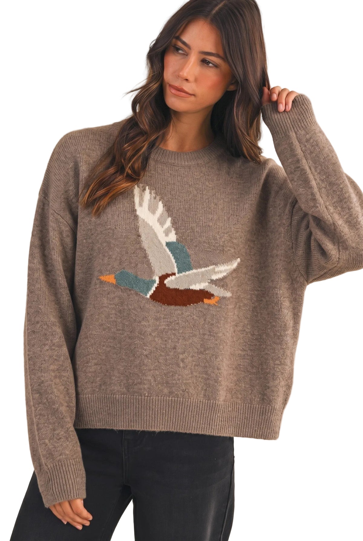Anniewear Women's Mocha Mallard Jacquard Loose Fit Sweater