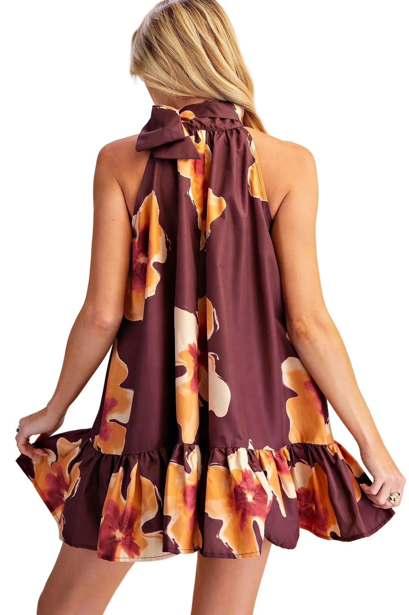 Glam Women's Brick Floral Print Mini Dress Adjustable Tie Neck