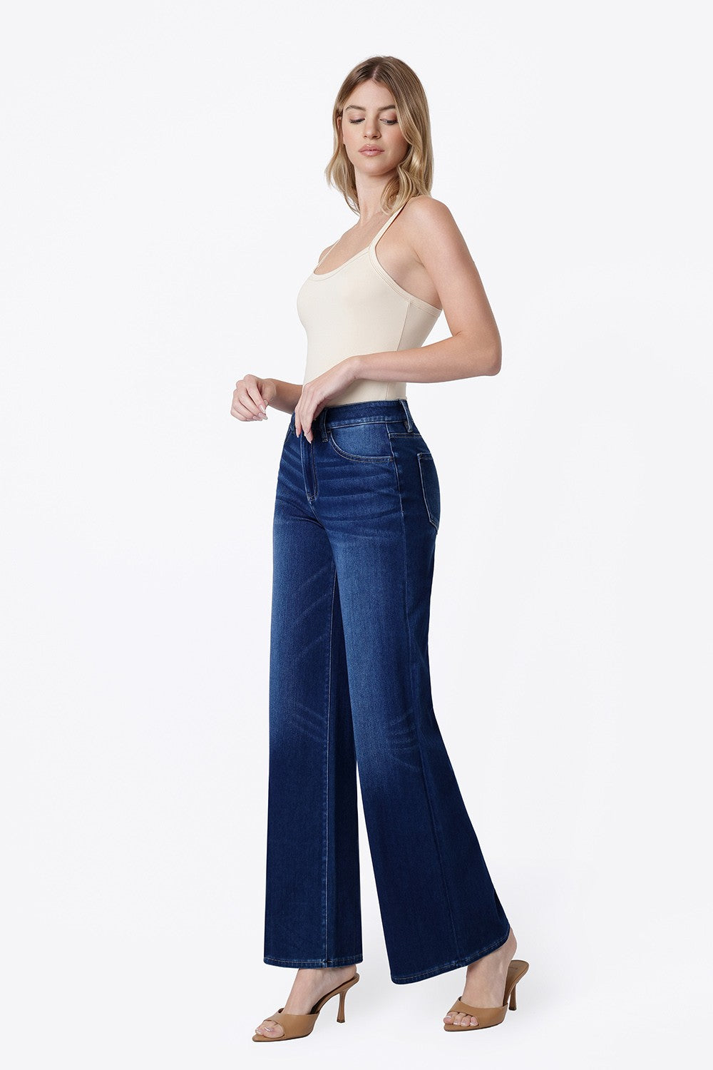 Flying Monkey Women's High Rise Full Length Dark Wash Knit Wide Jeans