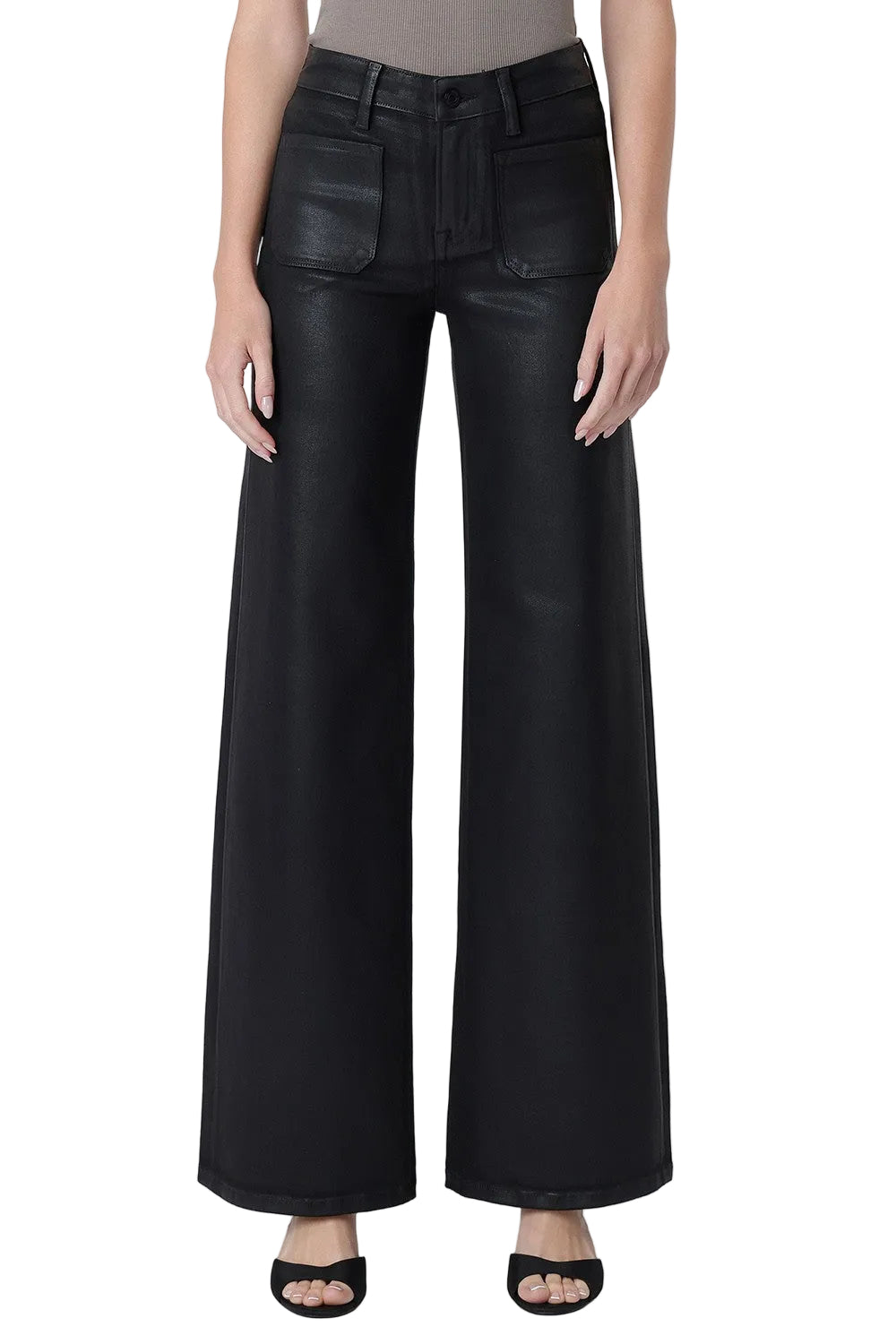 Vervet Women's High Rise Patch Pocket Black Coated Wide Leg Jeans