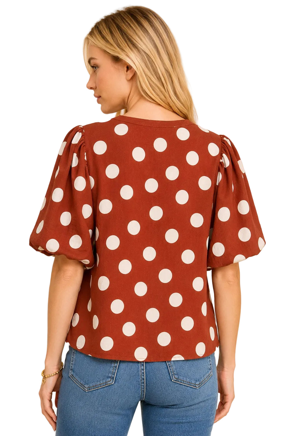 Les Amis Brown/Off White Classic Polka Dot Puff Sleeve Woven Blouse