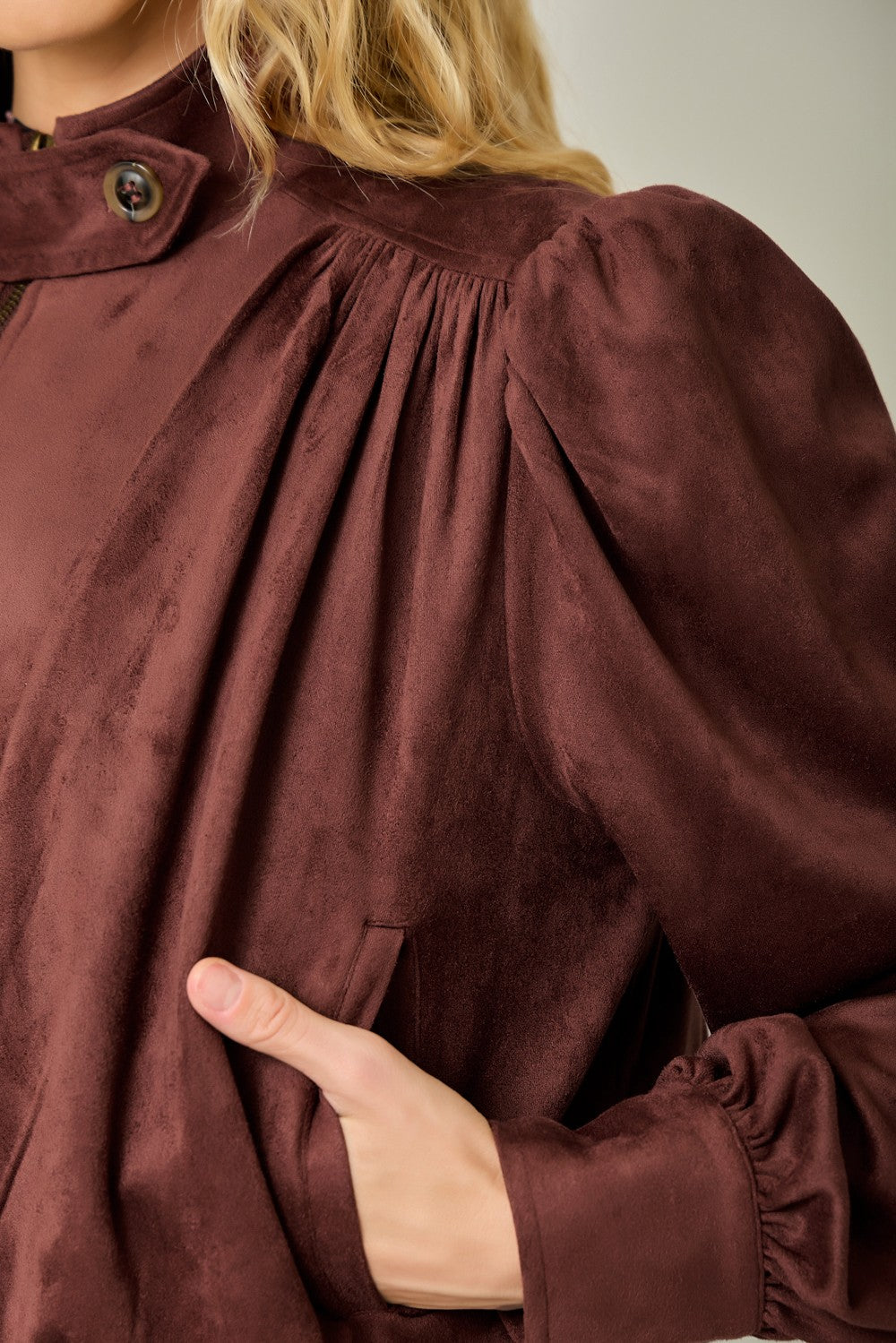Mystree Women's Burgundy Suede Gathered Blouson Jacket
