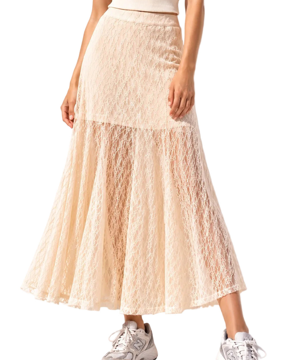 Very J Women's Sheer Lace Crinkle Maxi Skirt with Elastic Waistband